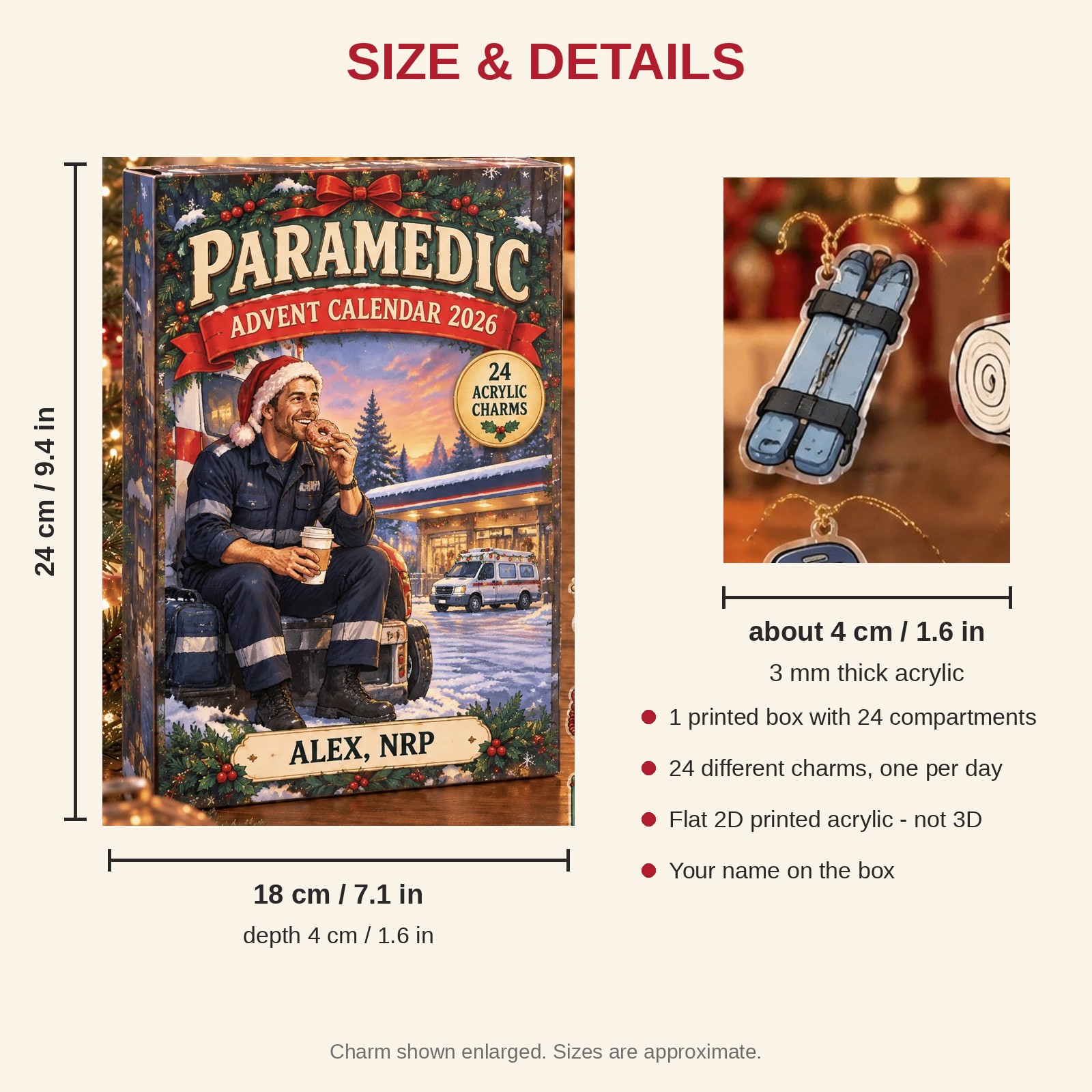 Personalized Vintage Paramedic advent calendar box with 24 flat acrylic Christmas charms: box and charm sizes