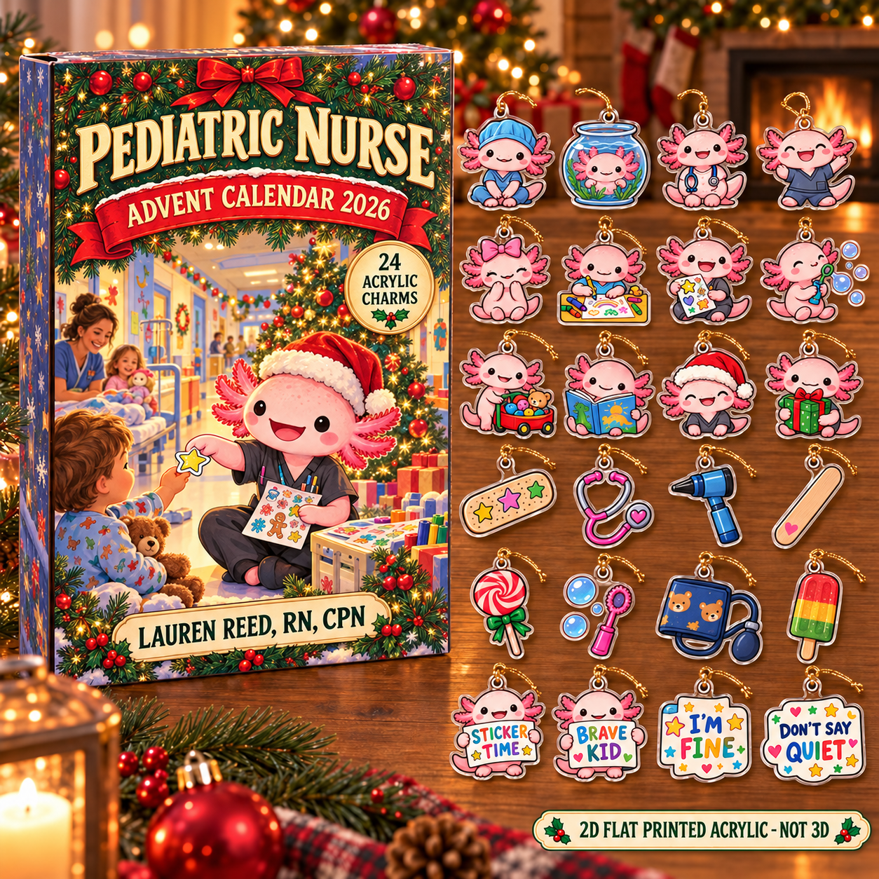 Personalized Pediatric Nurse Axolotl advent calendar box with 24 flat acrylic Christmas charms