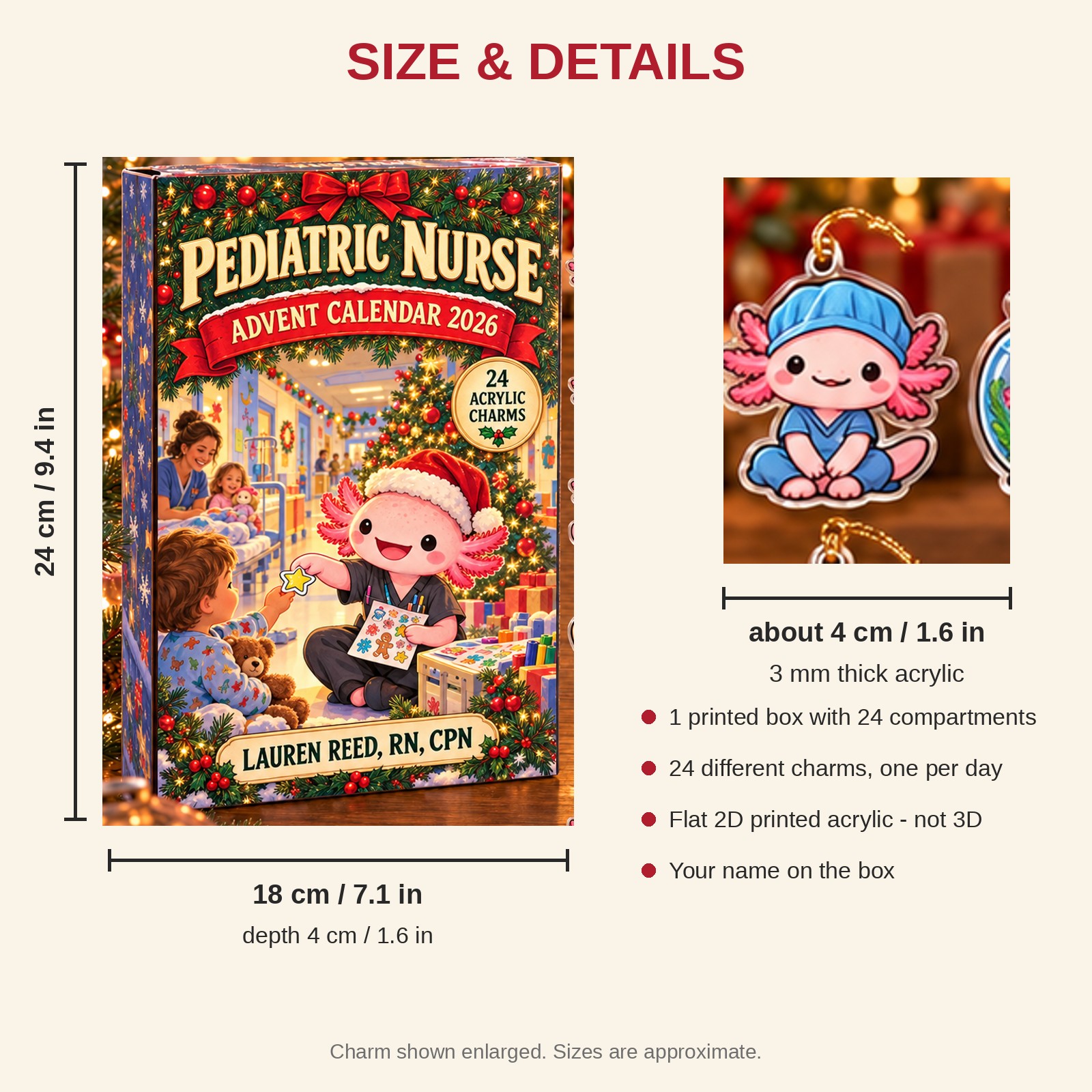 Personalized Pediatric Nurse Axolotl advent calendar box with 24 flat acrylic Christmas charms: box and charm sizes