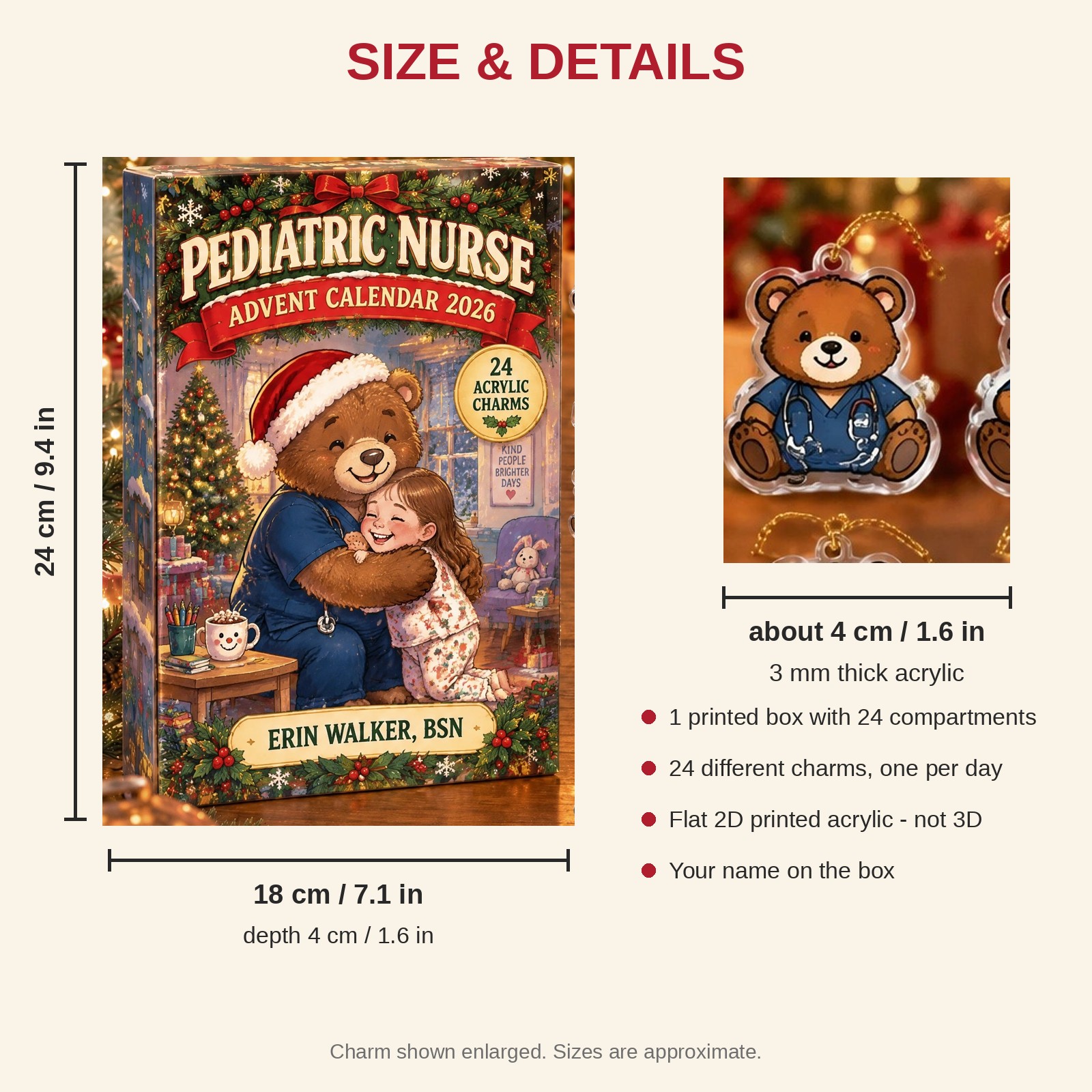 Personalized Pediatric Nurse Bear advent calendar box with 24 flat acrylic Christmas charms: box and charm sizes
