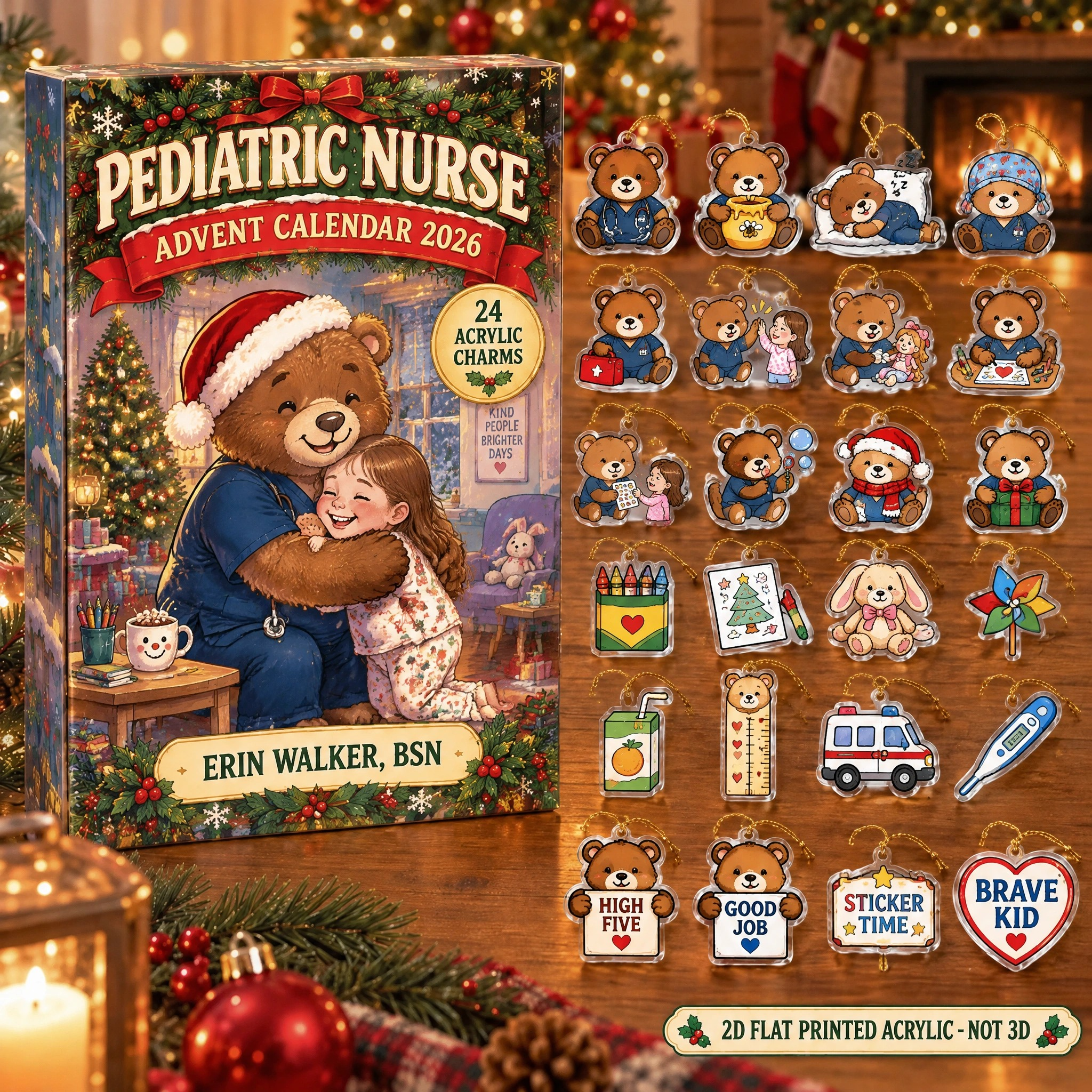 Personalized Pediatric Nurse Bear advent calendar box with 24 flat acrylic Christmas charms