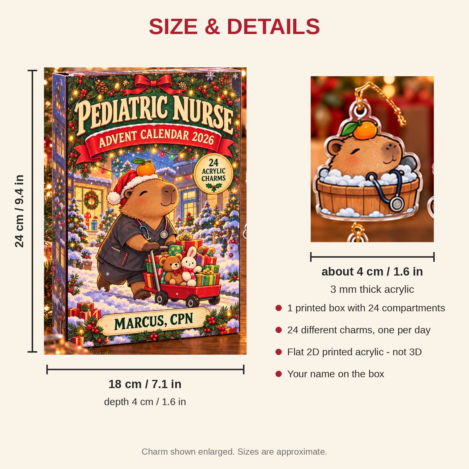 Personalized Pediatric Nurse Capybara advent calendar box with 24 flat acrylic Christmas charms: box and charm sizes