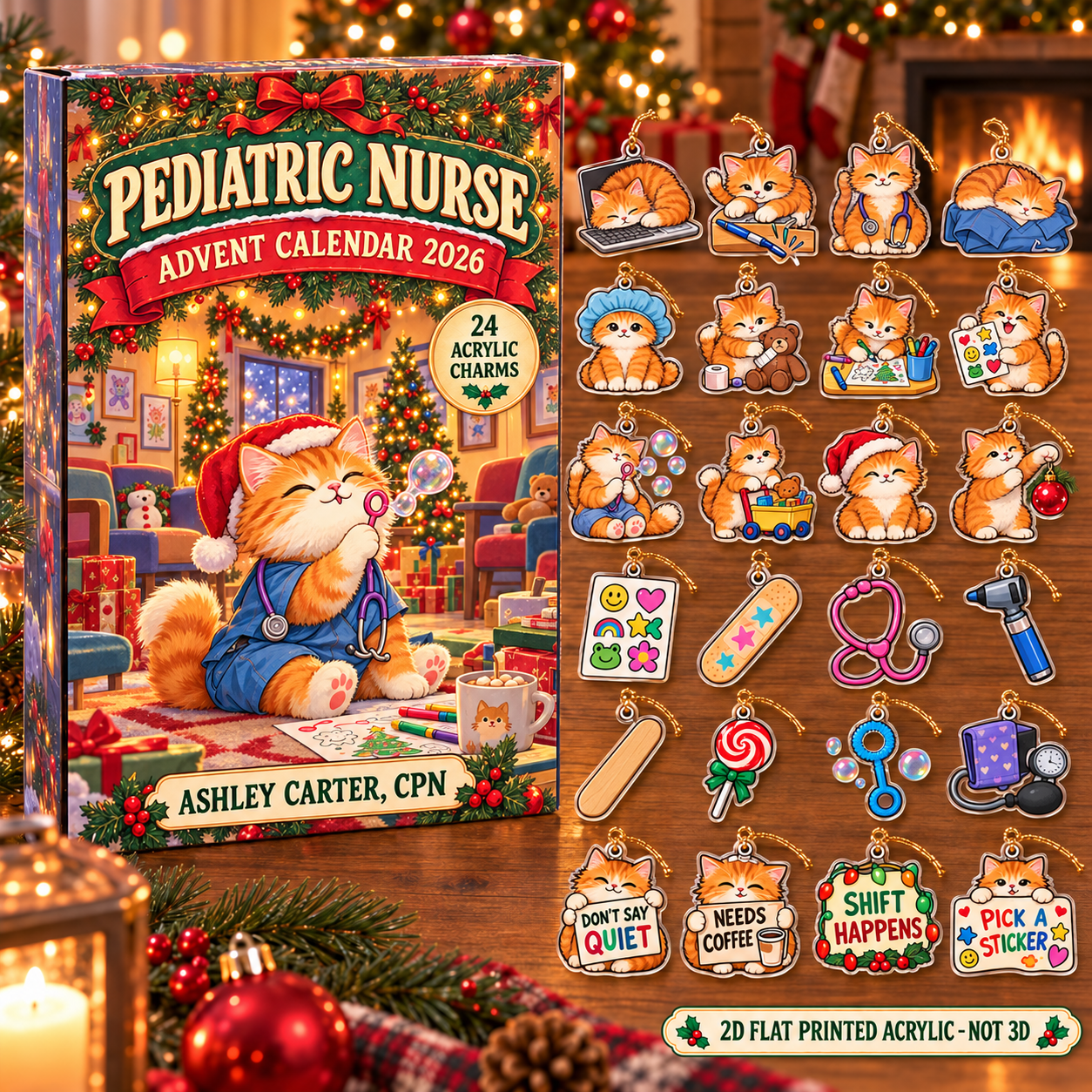Personalized Pediatric Nurse Cat advent calendar box with 24 flat acrylic Christmas charms