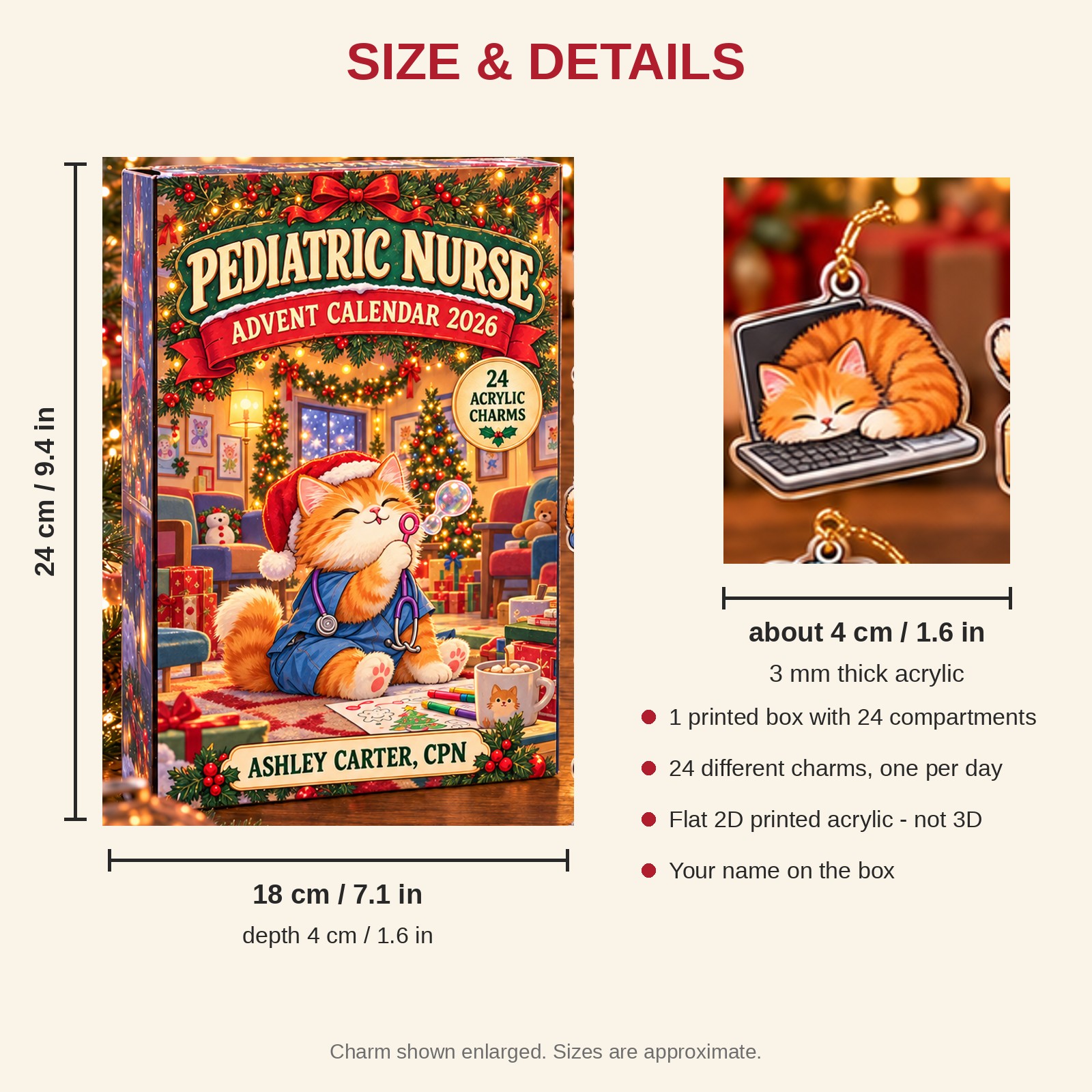 Personalized Pediatric Nurse Cat advent calendar box with 24 flat acrylic Christmas charms: box and charm sizes