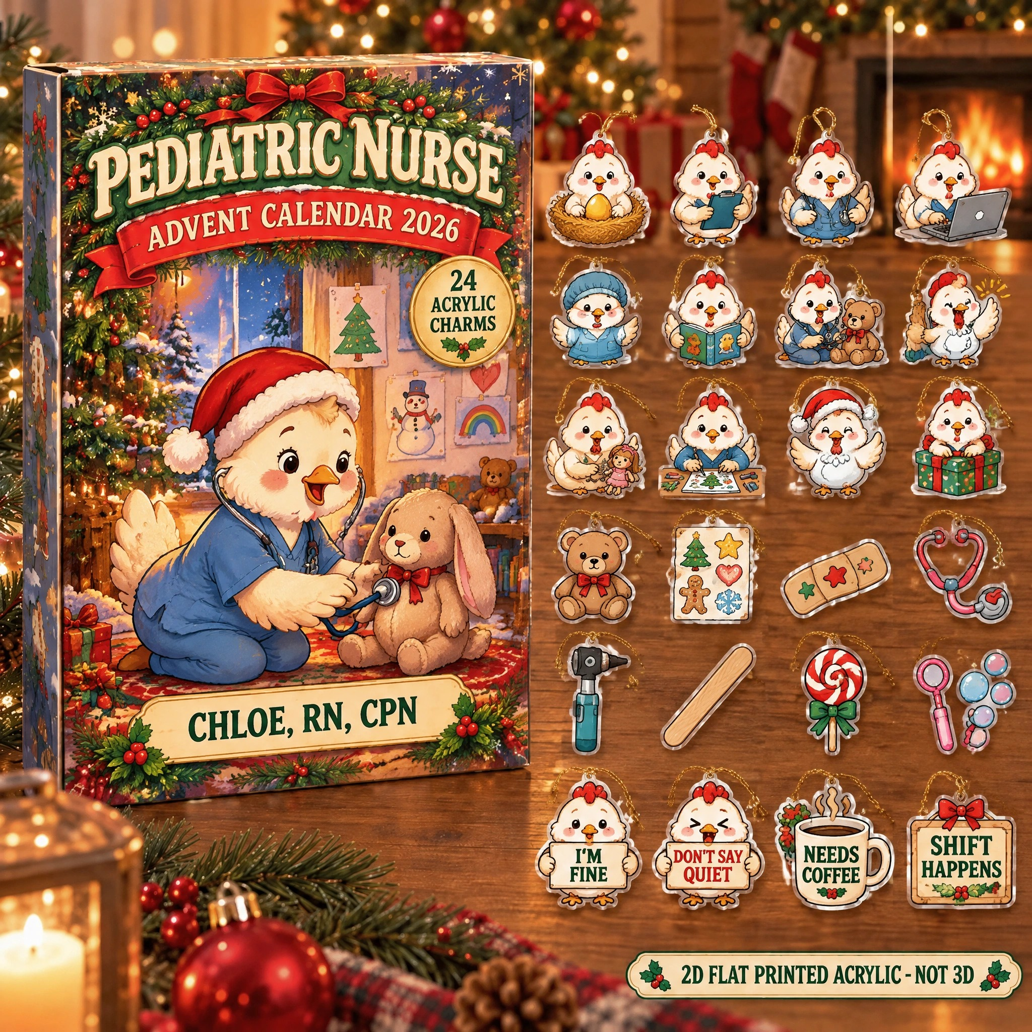 Personalized Pediatric Nurse Chicken advent calendar box with 24 flat acrylic Christmas charms