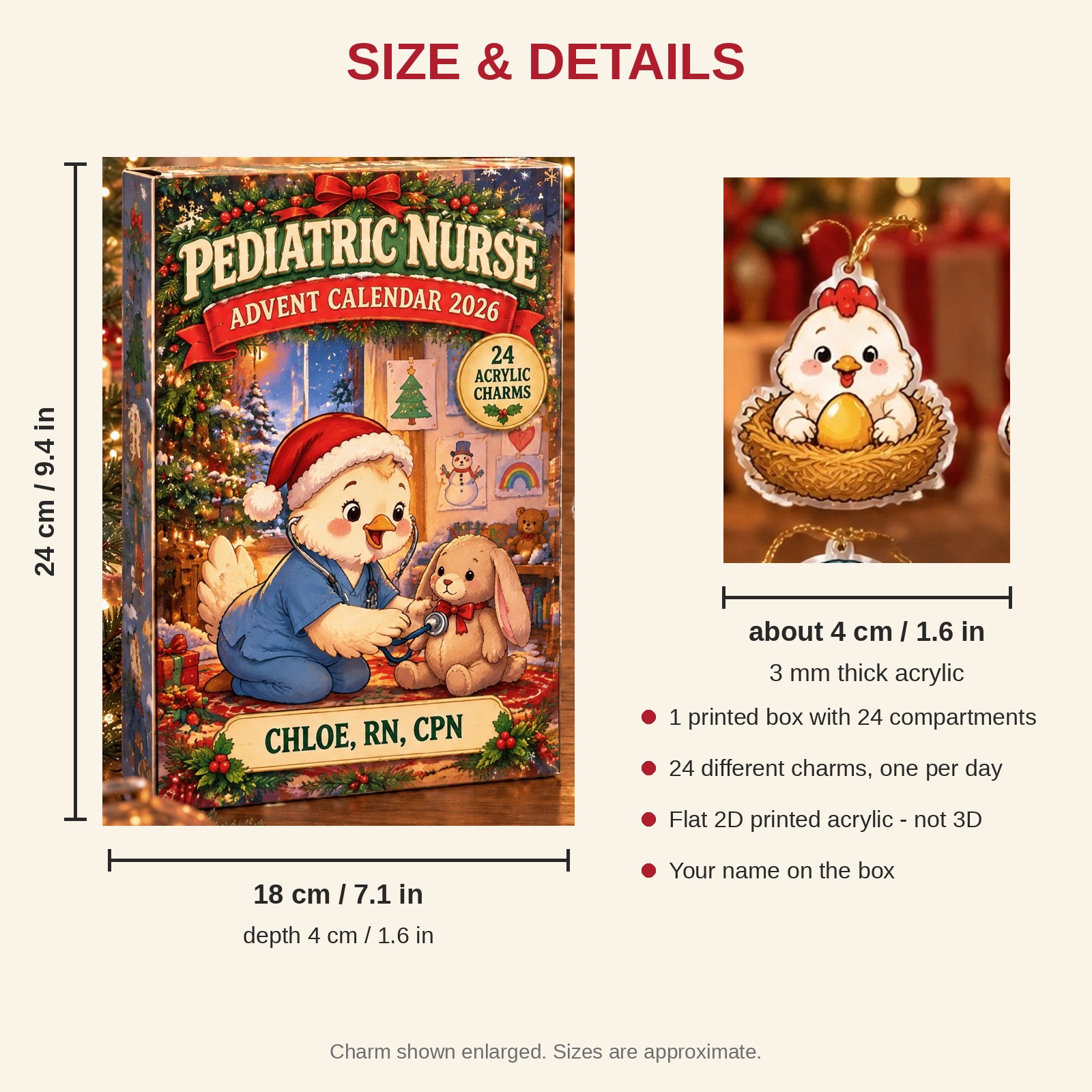 Personalized Pediatric Nurse Chicken advent calendar box with 24 flat acrylic Christmas charms: box and charm sizes