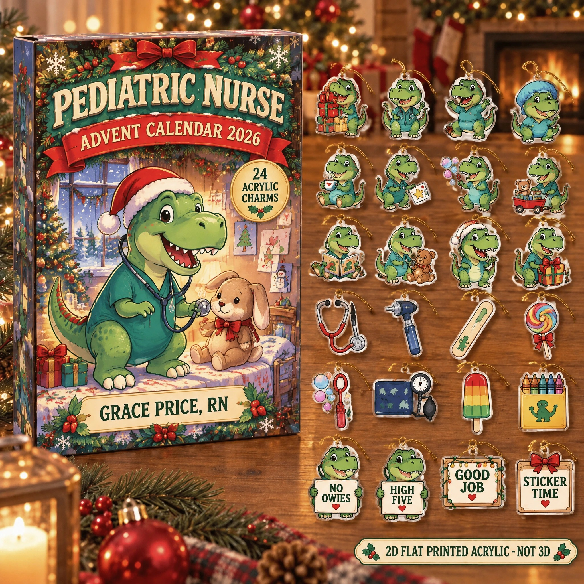 Personalized Pediatric Nurse Dinosaur advent calendar box with 24 flat acrylic Christmas charms