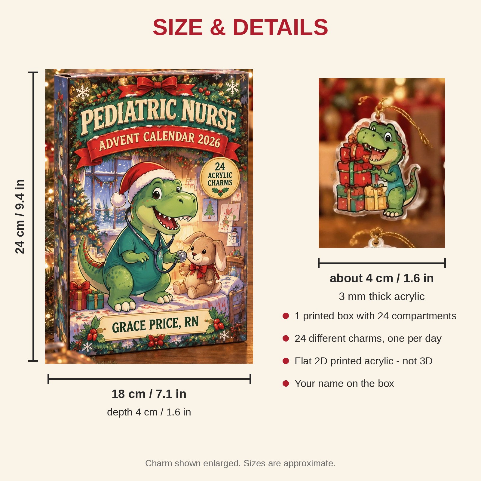 Personalized Pediatric Nurse Dinosaur advent calendar box with 24 flat acrylic Christmas charms: box and charm sizes