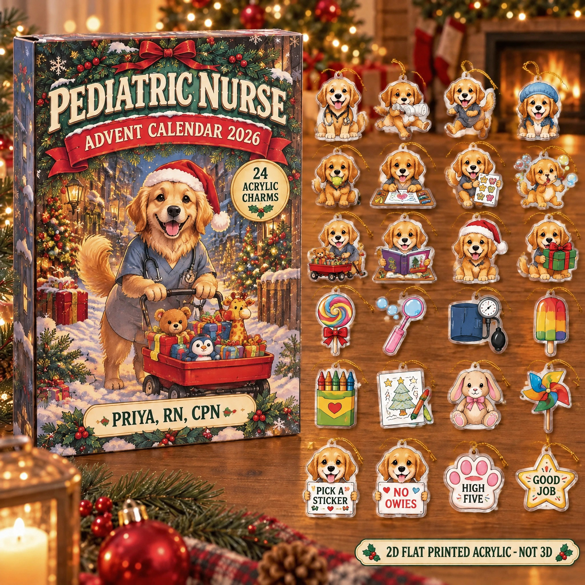 Personalized Pediatric Nurse Dog advent calendar box with 24 flat acrylic Christmas charms