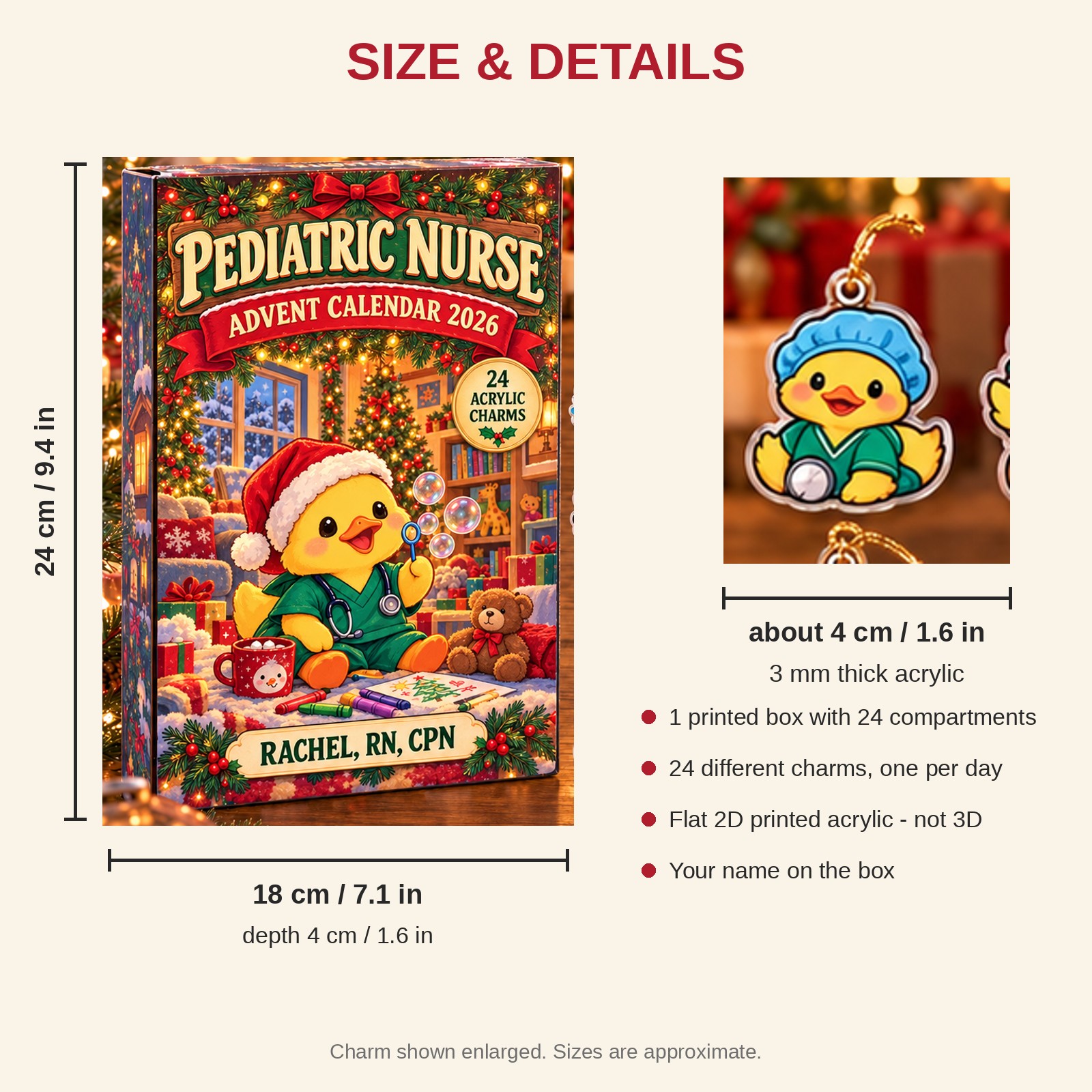 Personalized Pediatric Nurse Duck advent calendar box with 24 flat acrylic Christmas charms: box and charm sizes