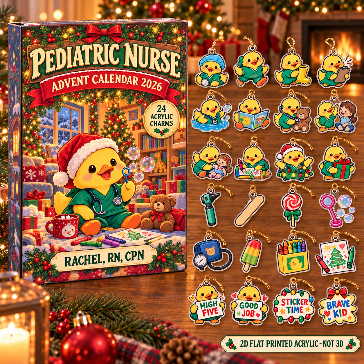 Personalized Pediatric Nurse Duck advent calendar box with 24 flat acrylic Christmas charms
