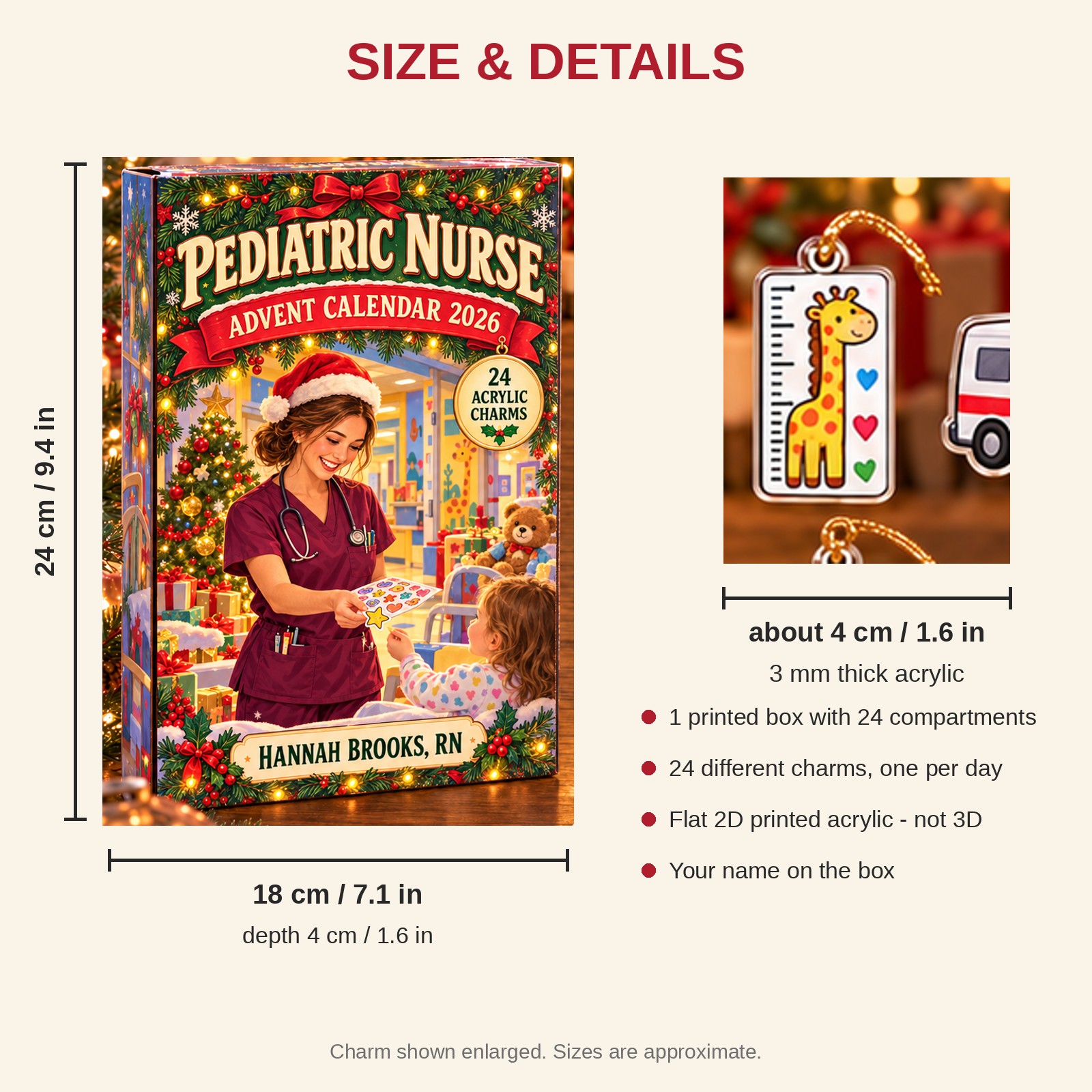 Personalized Pediatric Nurse Essentials advent calendar box with 24 flat acrylic Christmas charms: box and charm sizes