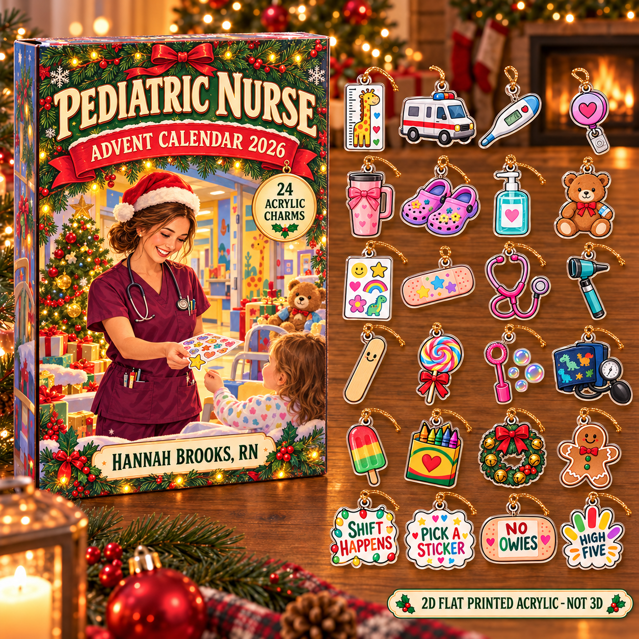 Personalized Pediatric Nurse Essentials advent calendar box with 24 flat acrylic Christmas charms