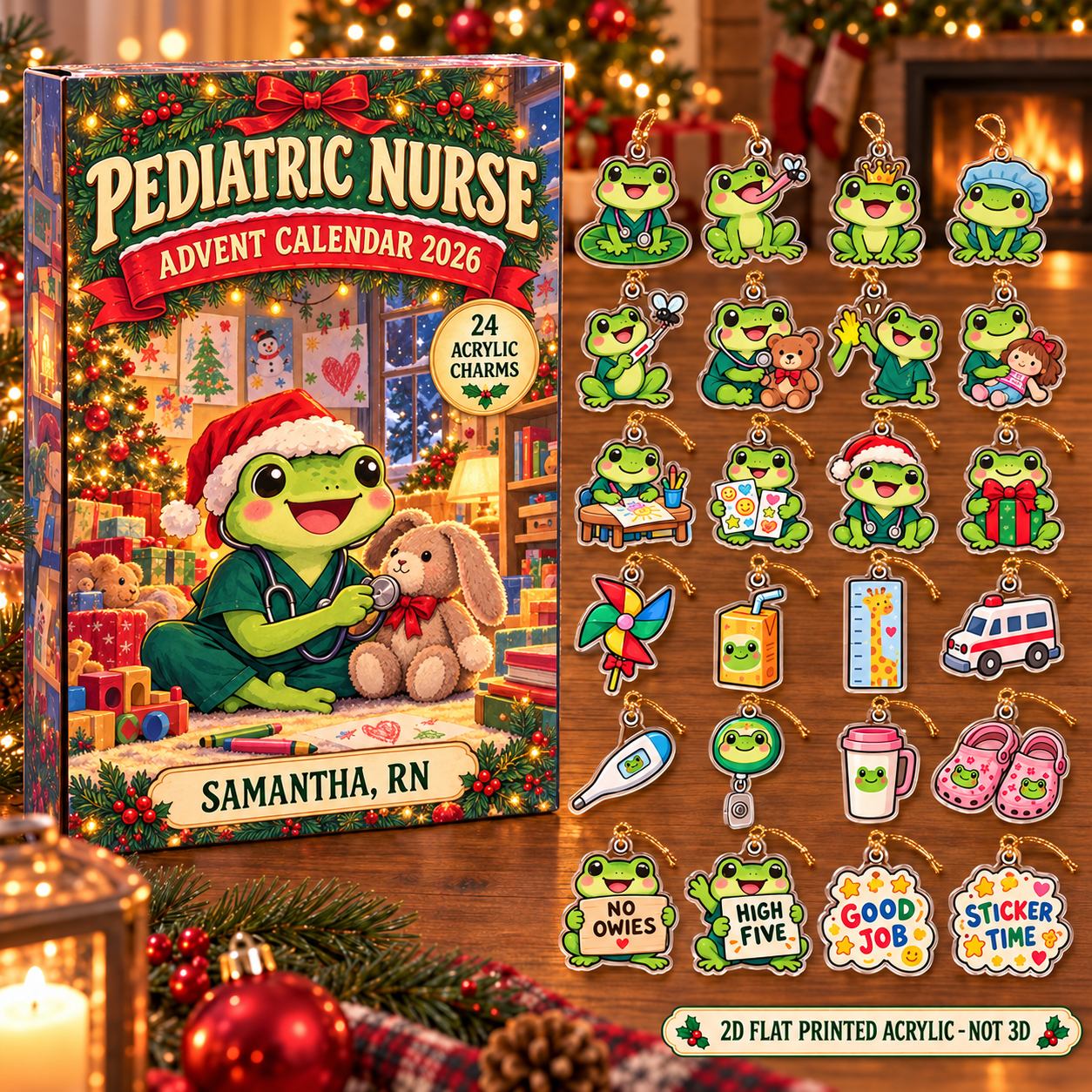 Personalized Pediatric Nurse Frog advent calendar box with 24 flat acrylic Christmas charms