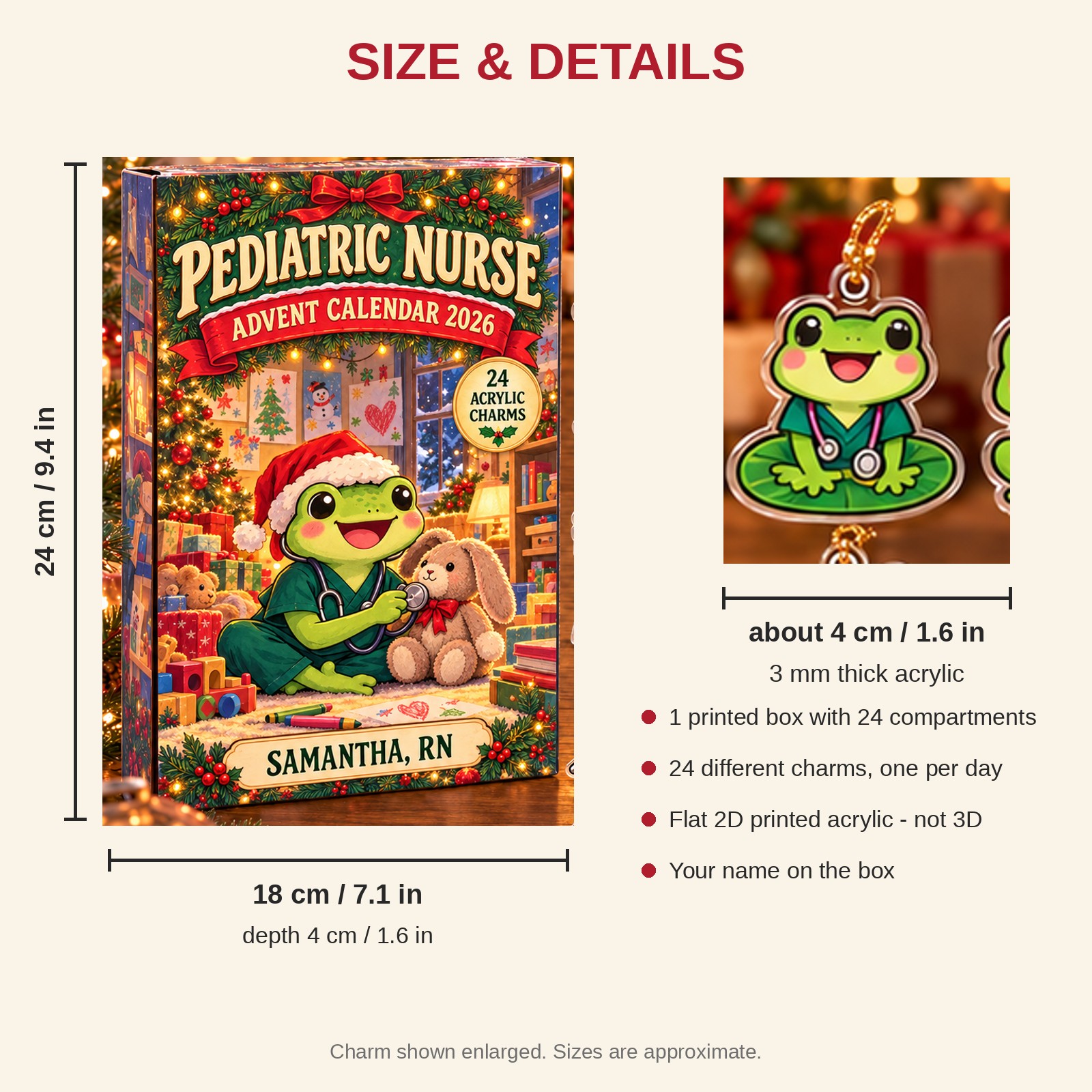 Personalized Pediatric Nurse Frog advent calendar box with 24 flat acrylic Christmas charms: box and charm sizes