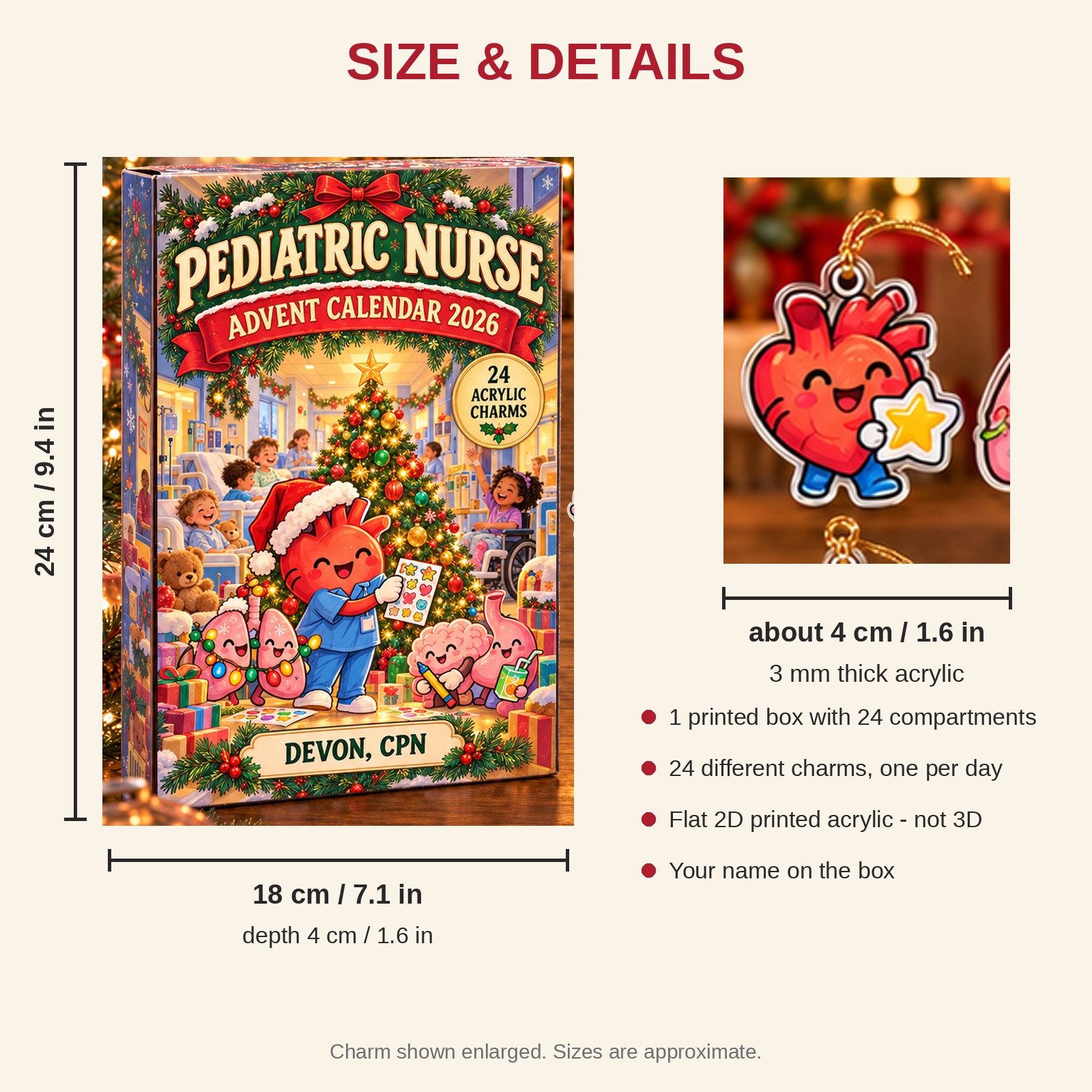 Personalized Funny Anatomy Peds Nurse advent calendar box with 24 flat acrylic Christmas charms: box and charm sizes