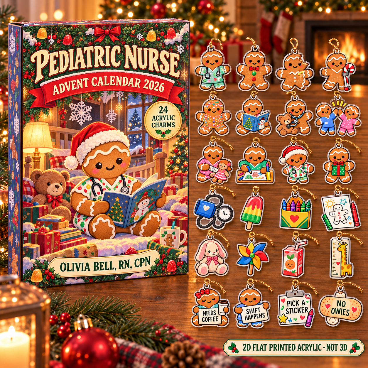 Personalized Gingerbread Pediatric Nurse advent calendar box with 24 flat acrylic Christmas charms