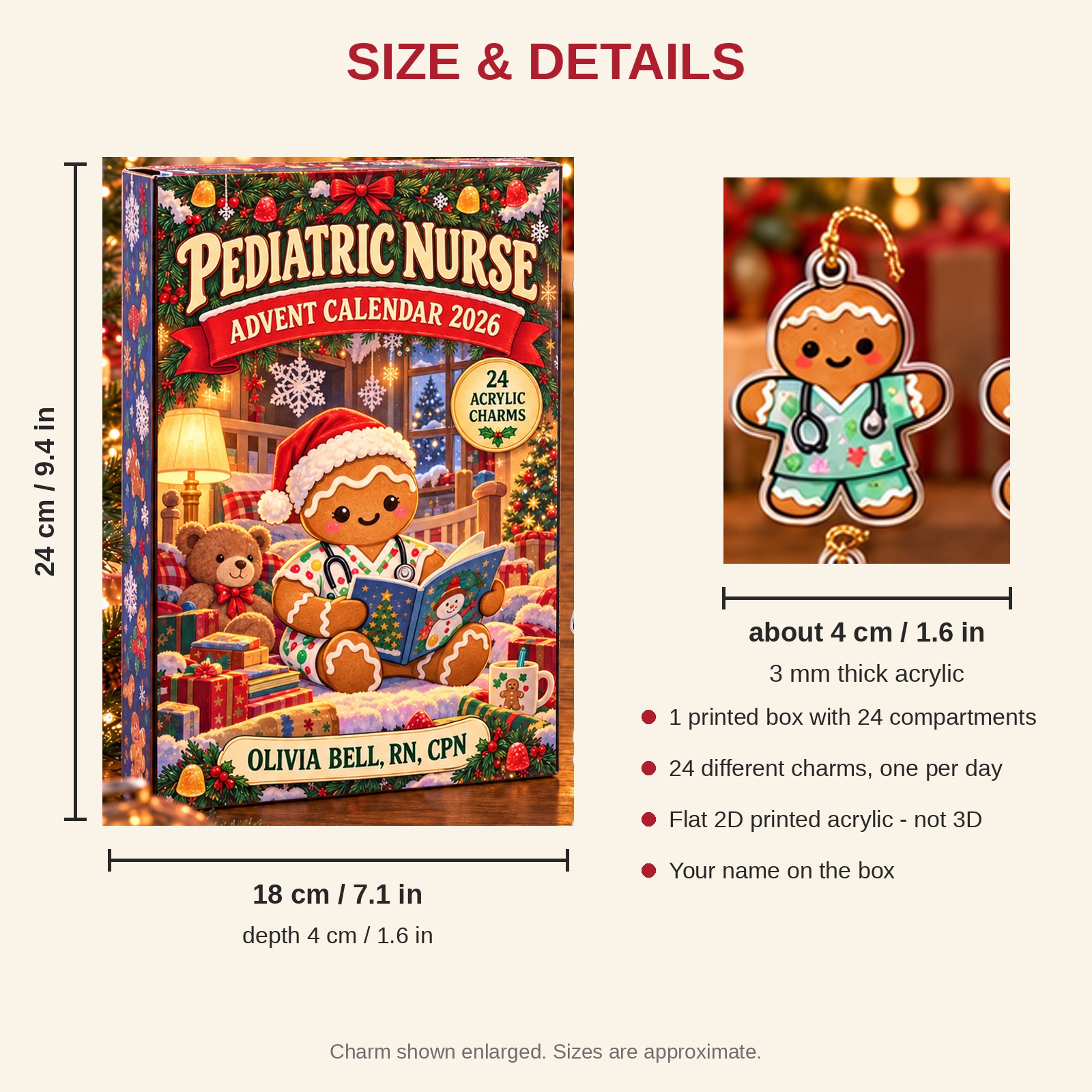 Personalized Gingerbread Pediatric Nurse advent calendar box with 24 flat acrylic Christmas charms: box and charm sizes