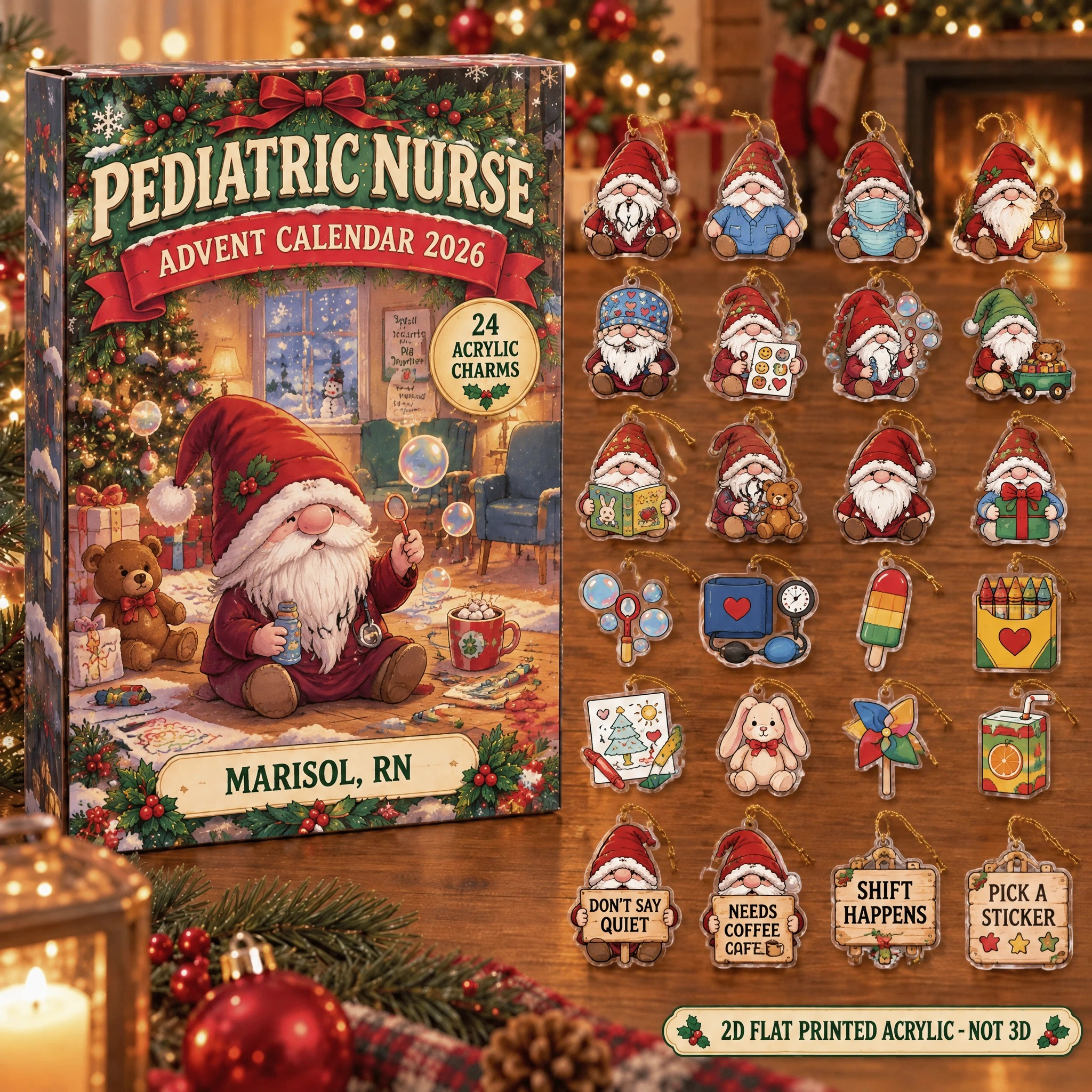 Personalized Gnome Pediatric Nurse advent calendar box with 24 flat acrylic Christmas charms