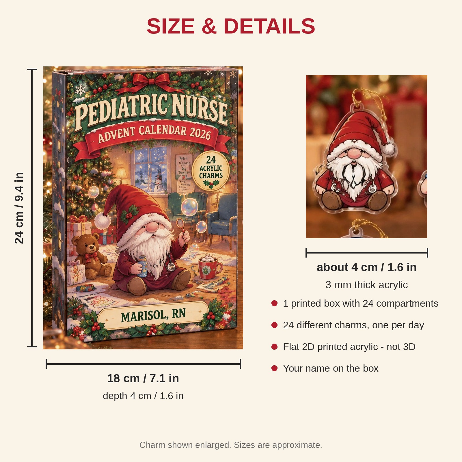 Personalized Gnome Pediatric Nurse advent calendar box with 24 flat acrylic Christmas charms: box and charm sizes