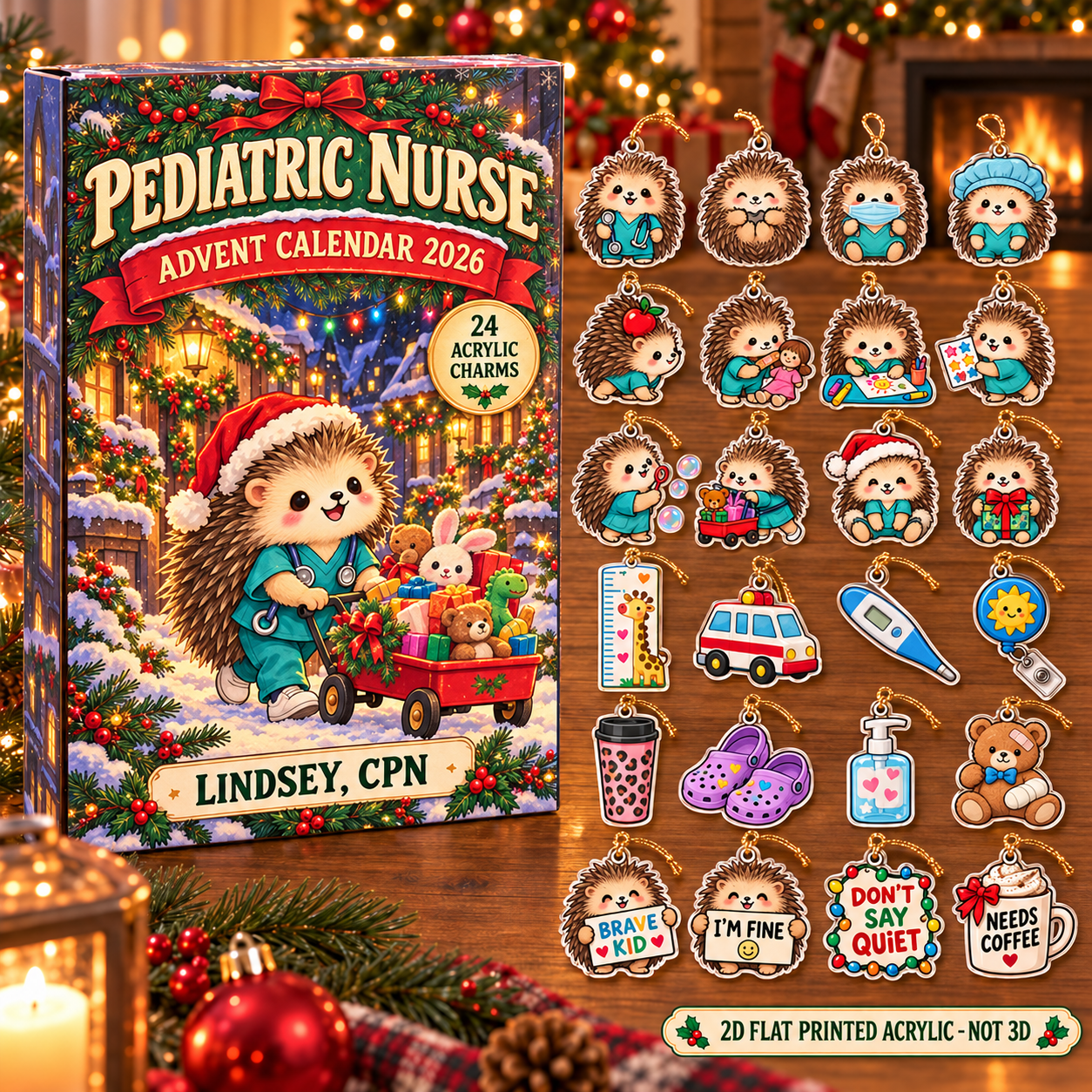 Personalized Pediatric Nurse Hedgehog advent calendar box with 24 flat acrylic Christmas charms