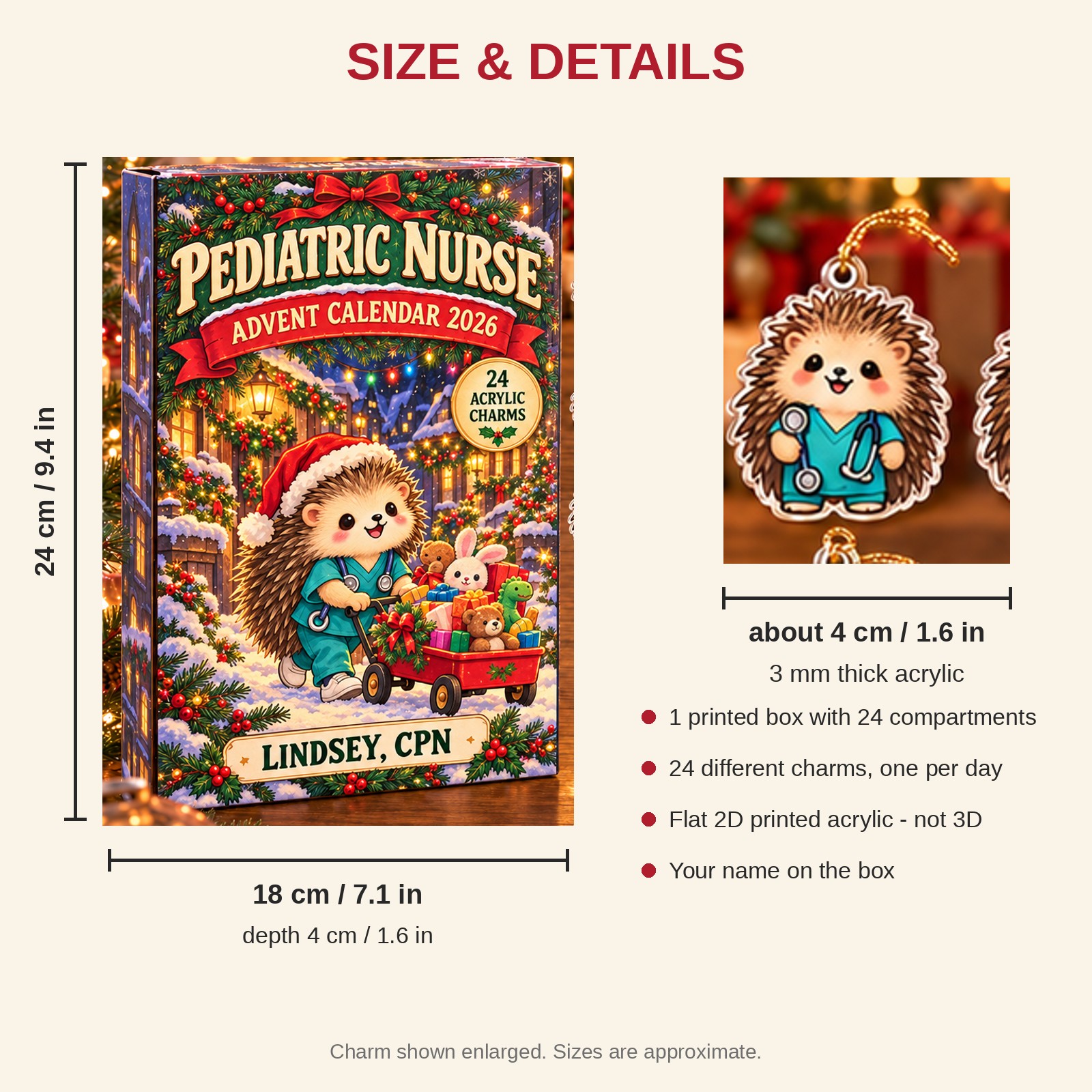 Personalized Pediatric Nurse Hedgehog advent calendar box with 24 flat acrylic Christmas charms: box and charm sizes
