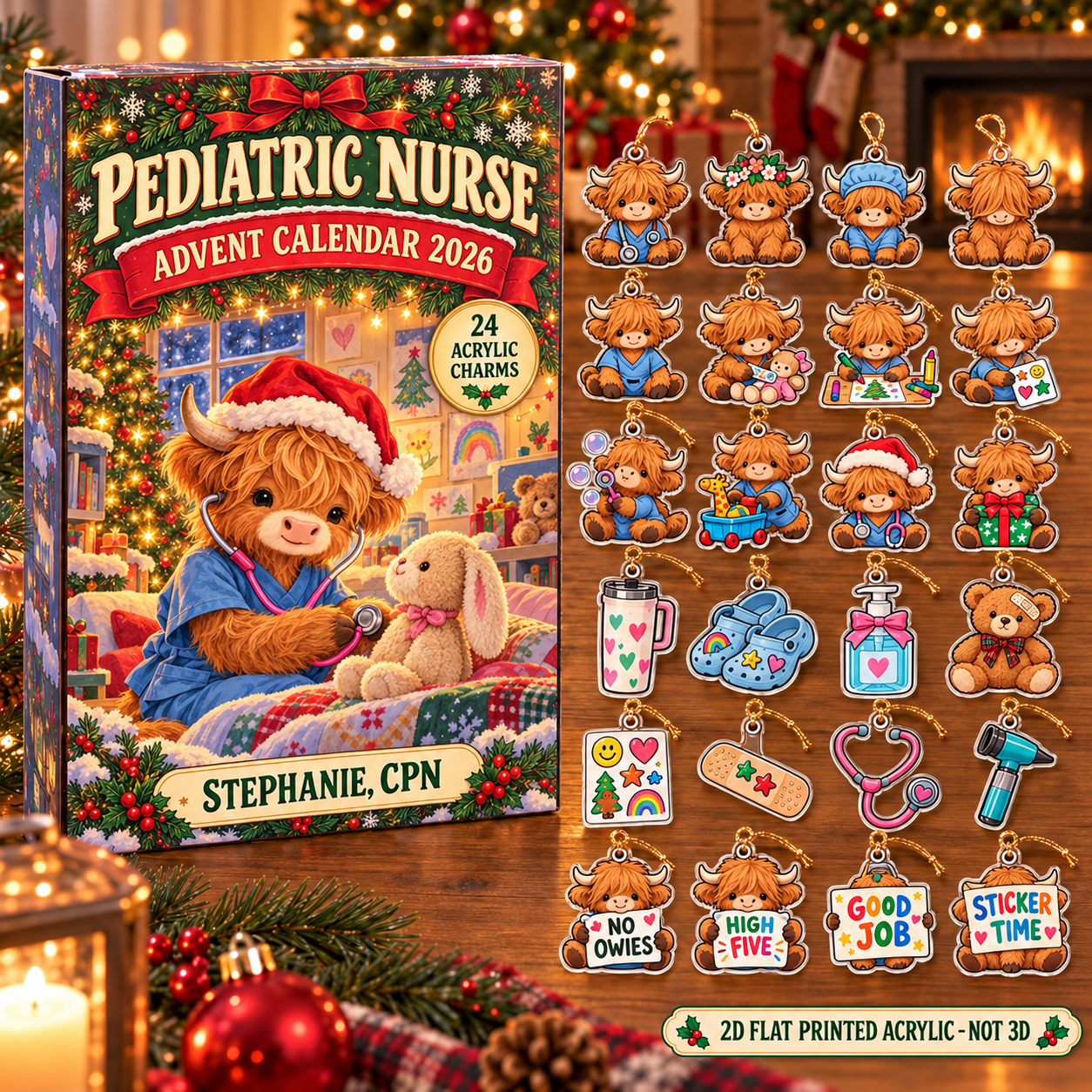 Personalized Pediatric Nurse Highland Cow advent calendar box with 24 flat acrylic Christmas charms