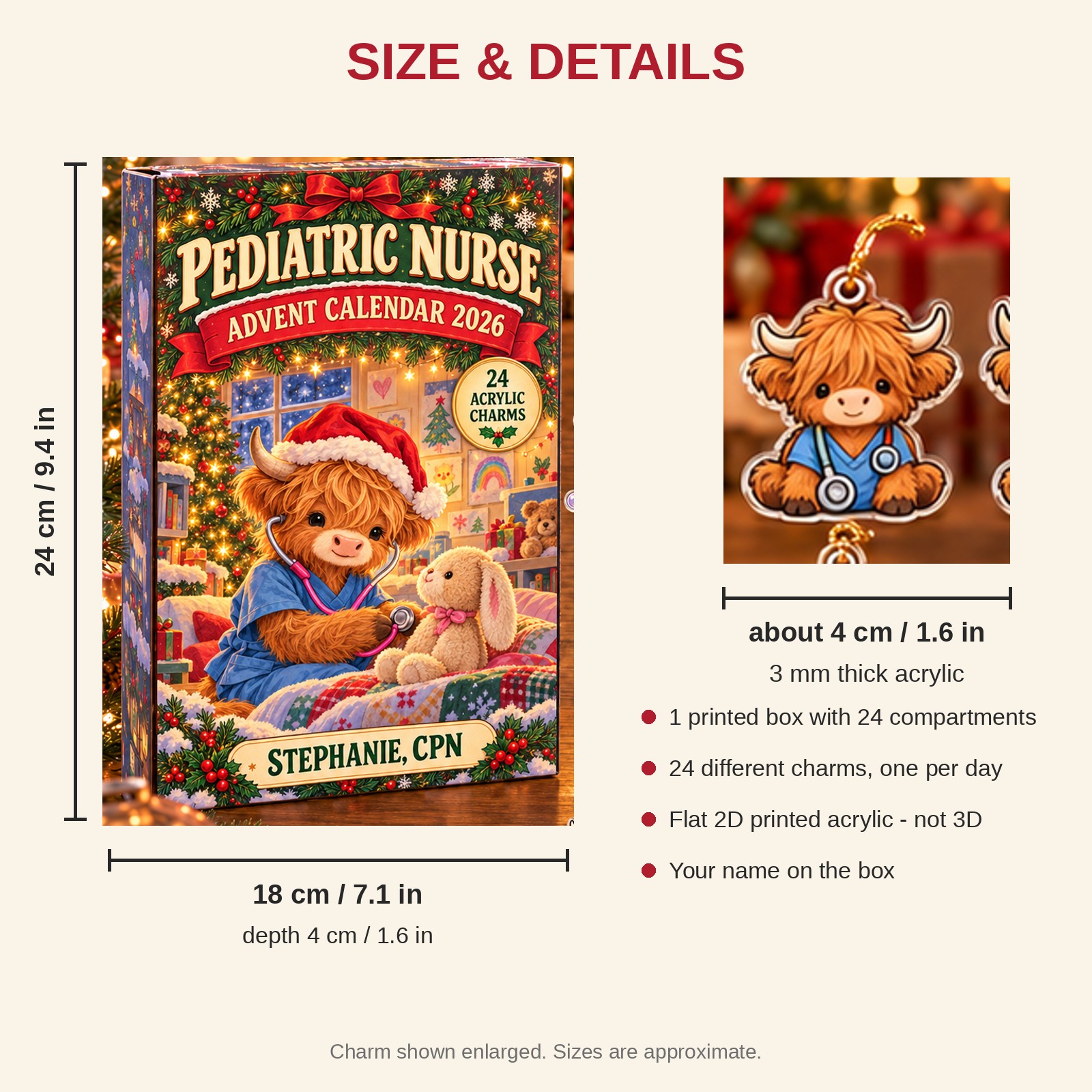 Personalized Pediatric Nurse Highland Cow advent calendar box with 24 flat acrylic Christmas charms: box and charm sizes