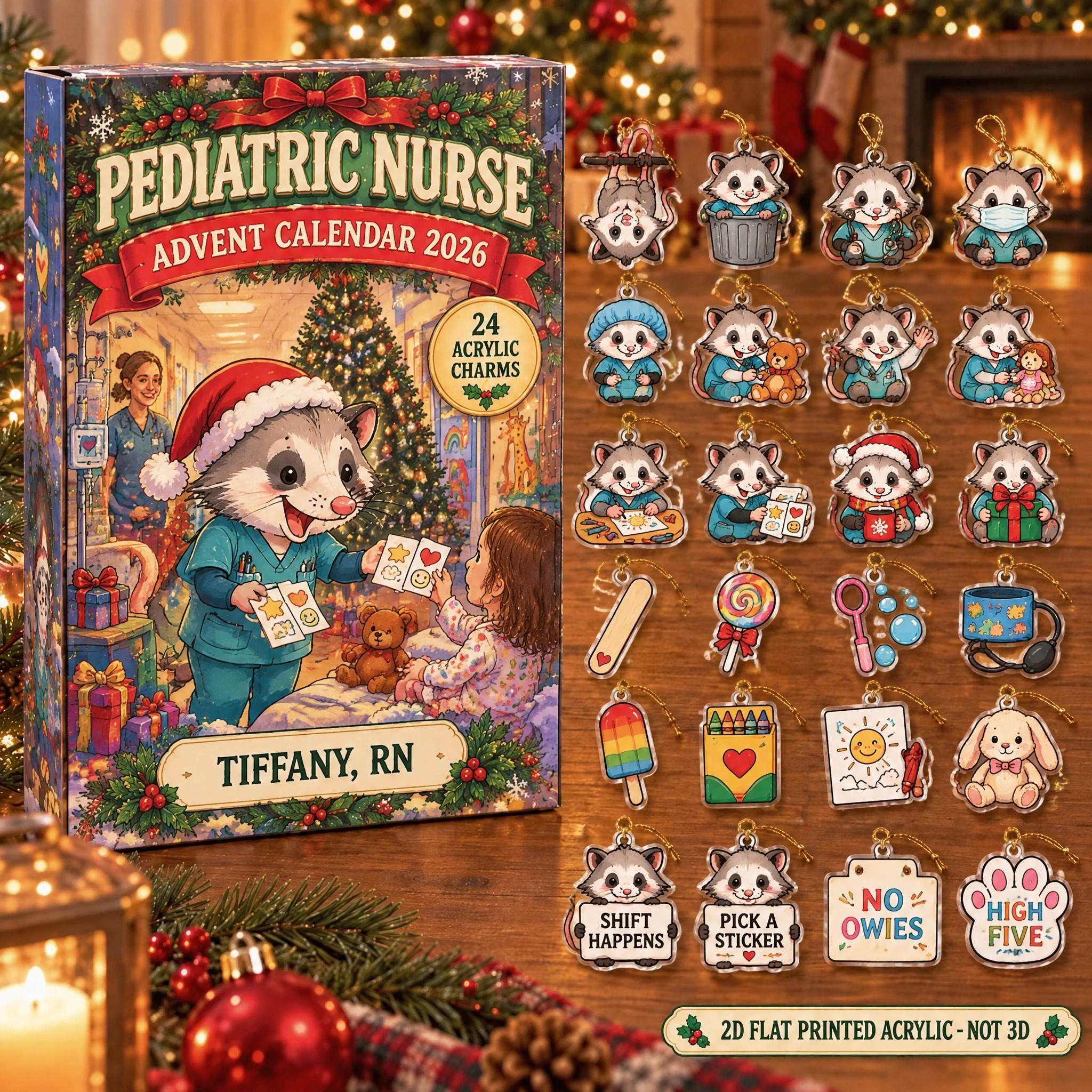 Personalized Pediatric Nurse Opossum advent calendar box with 24 flat acrylic Christmas charms