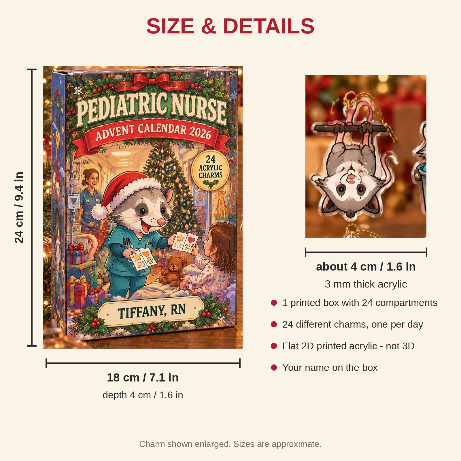 Personalized Pediatric Nurse Opossum advent calendar box with 24 flat acrylic Christmas charms: box and charm sizes