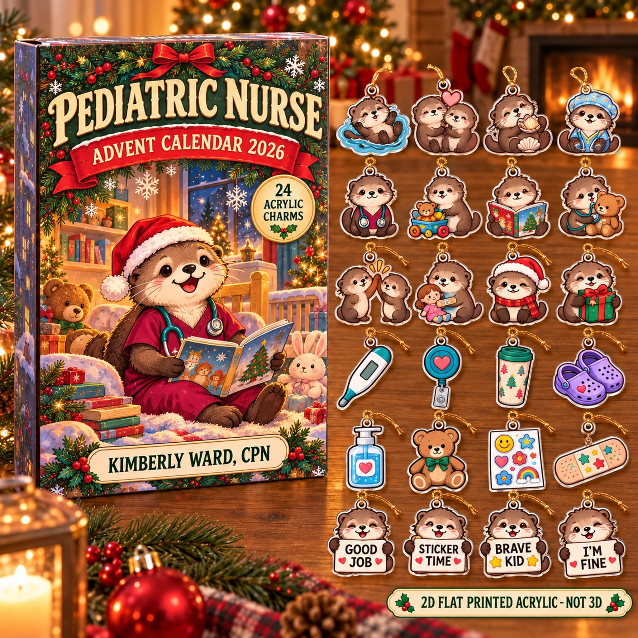Personalized Pediatric Nurse Otter advent calendar box with 24 flat acrylic Christmas charms
