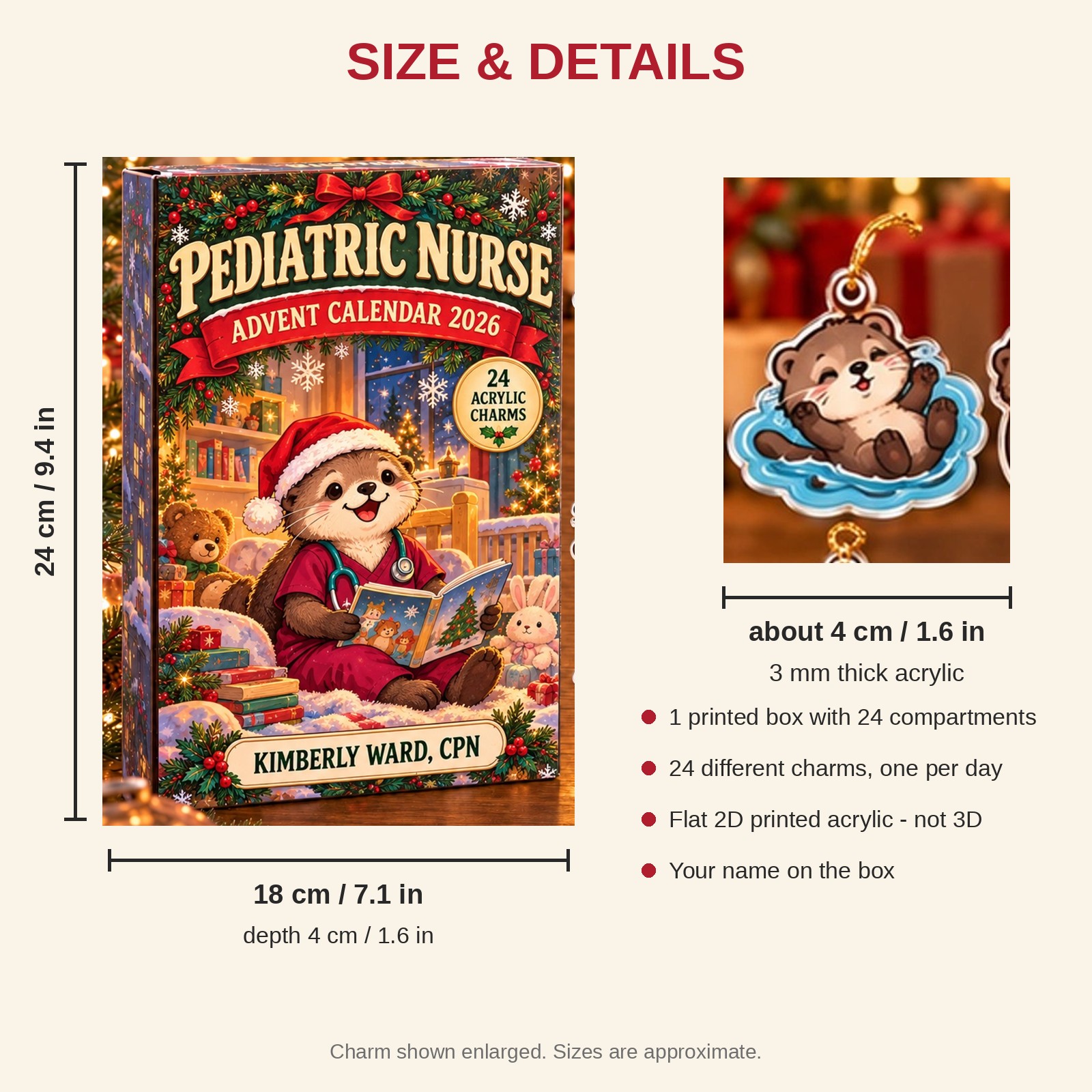 Personalized Pediatric Nurse Otter advent calendar box with 24 flat acrylic Christmas charms: box and charm sizes