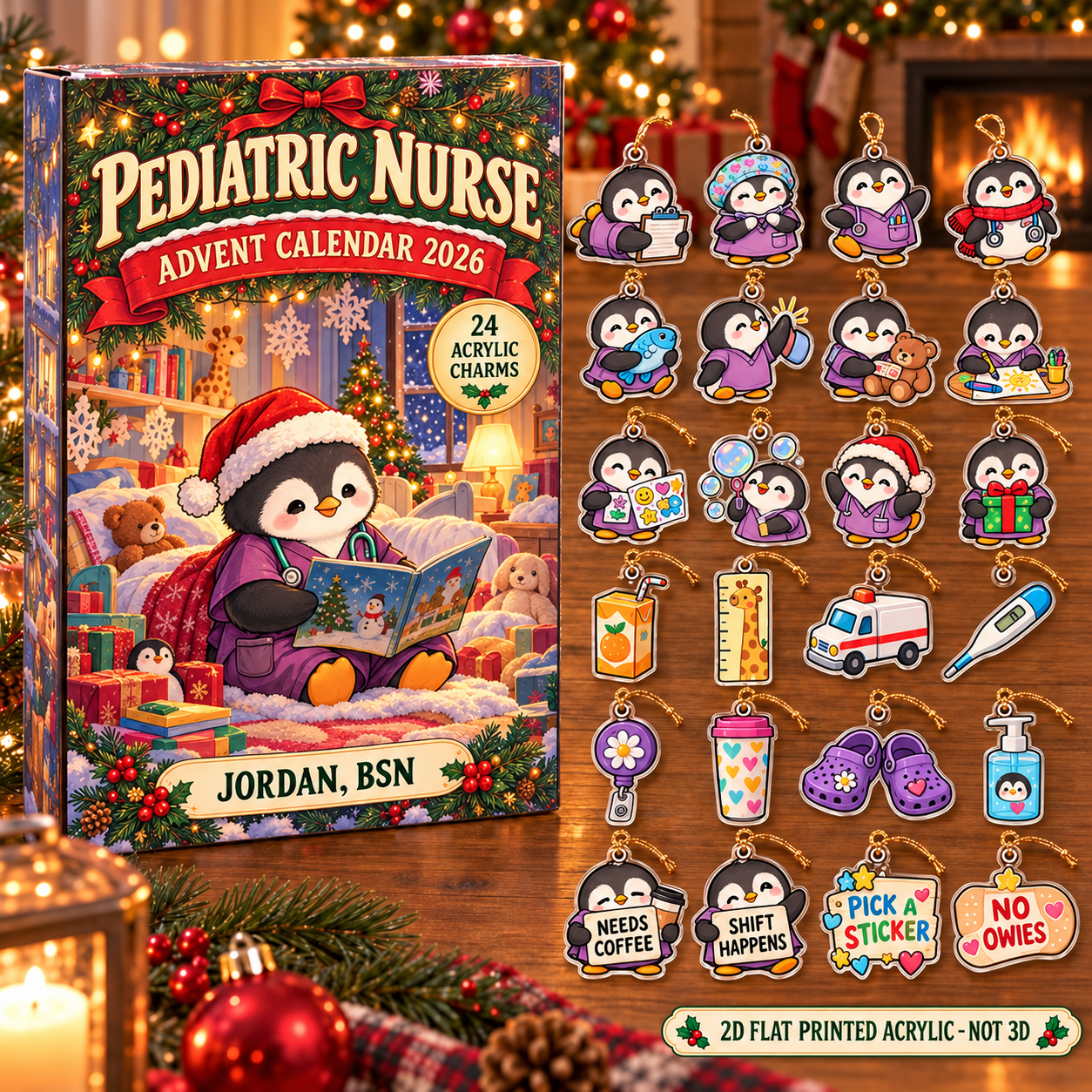 Personalized Pediatric Nurse Penguin advent calendar box with 24 flat acrylic Christmas charms