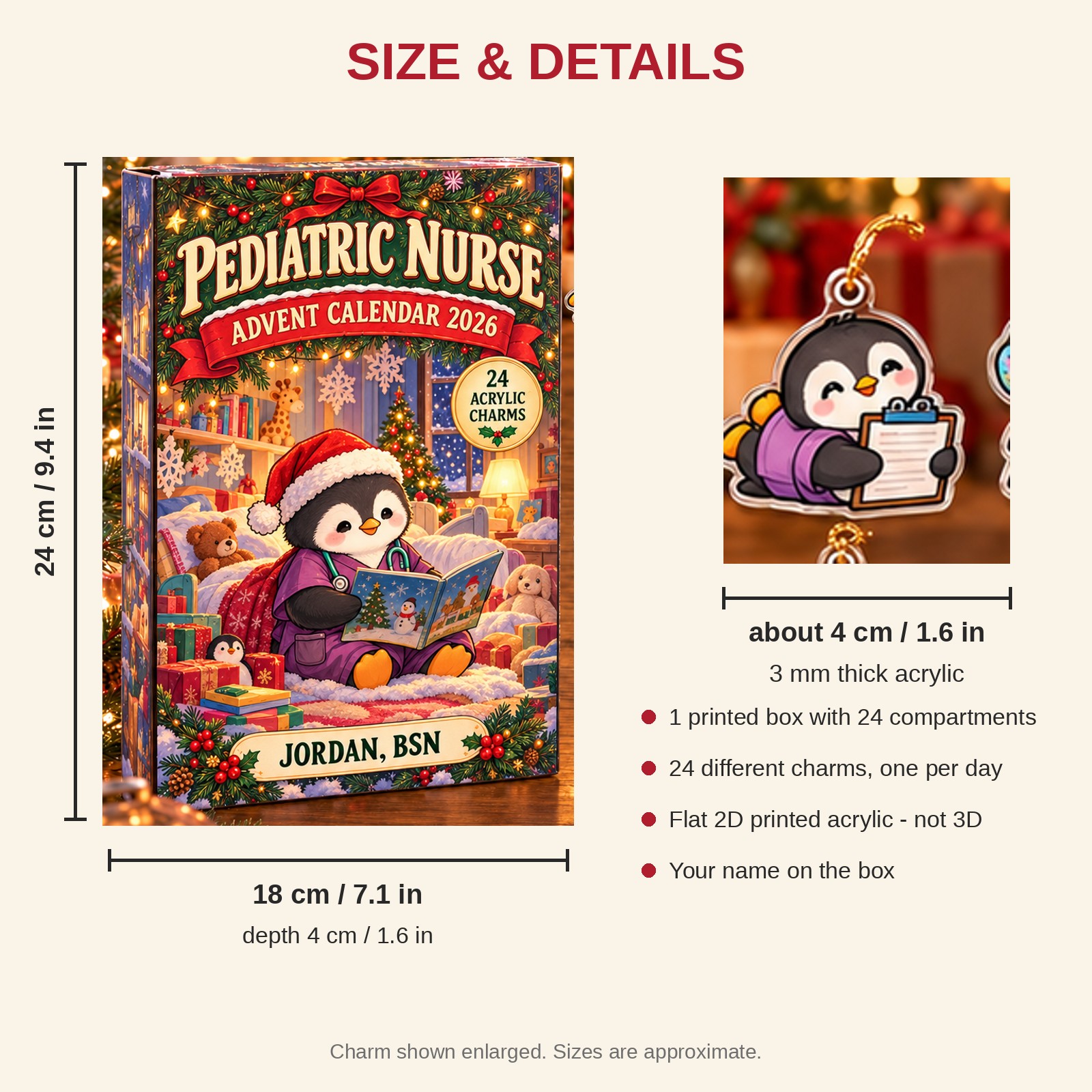 Personalized Pediatric Nurse Penguin advent calendar box with 24 flat acrylic Christmas charms: box and charm sizes