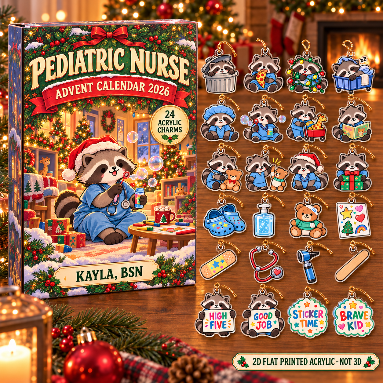 Personalized Pediatric Nurse Raccoon advent calendar box with 24 flat acrylic Christmas charms