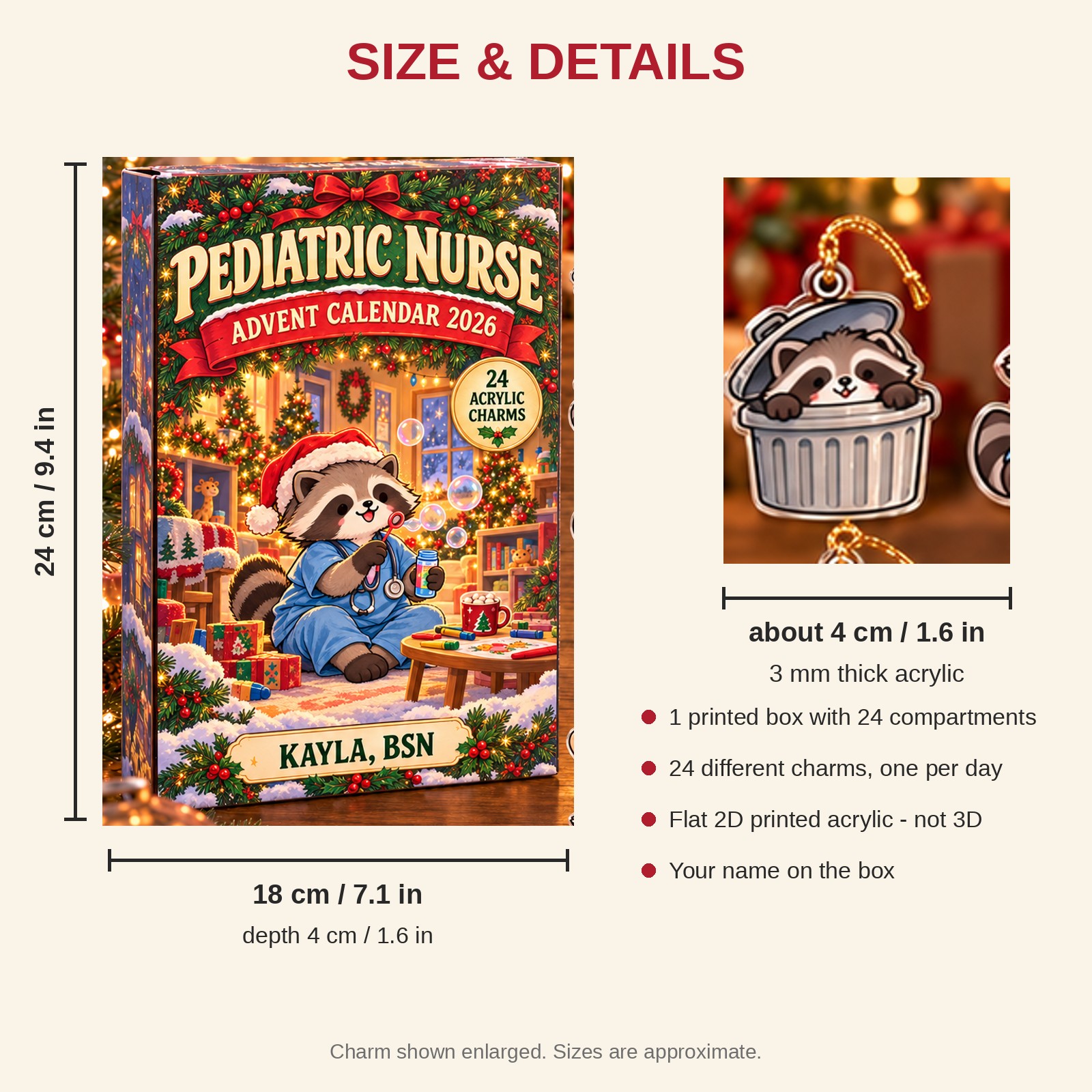 Personalized Pediatric Nurse Raccoon advent calendar box with 24 flat acrylic Christmas charms: box and charm sizes