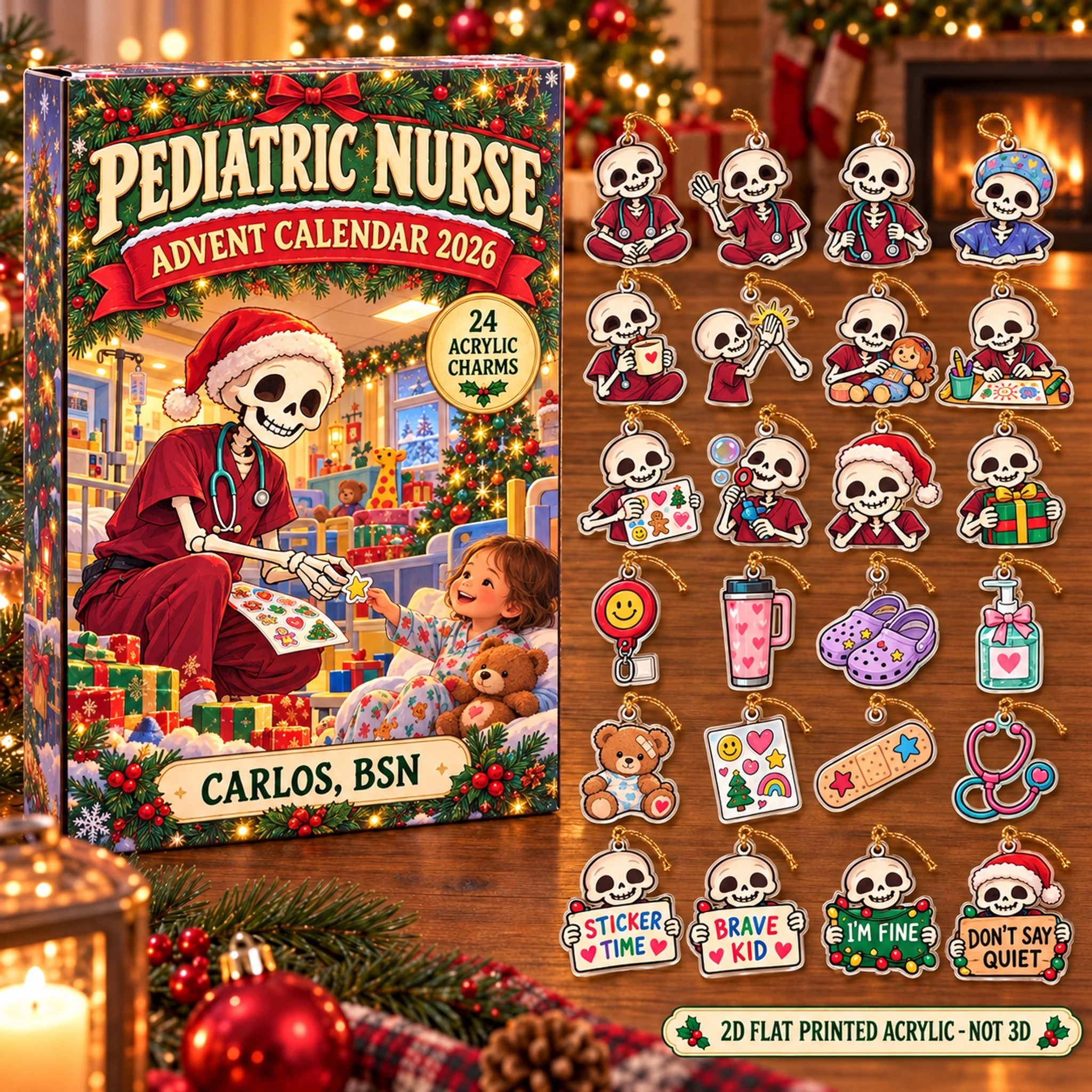 Personalized Skeleton Pediatric Nurse advent calendar box with 24 flat acrylic Christmas charms