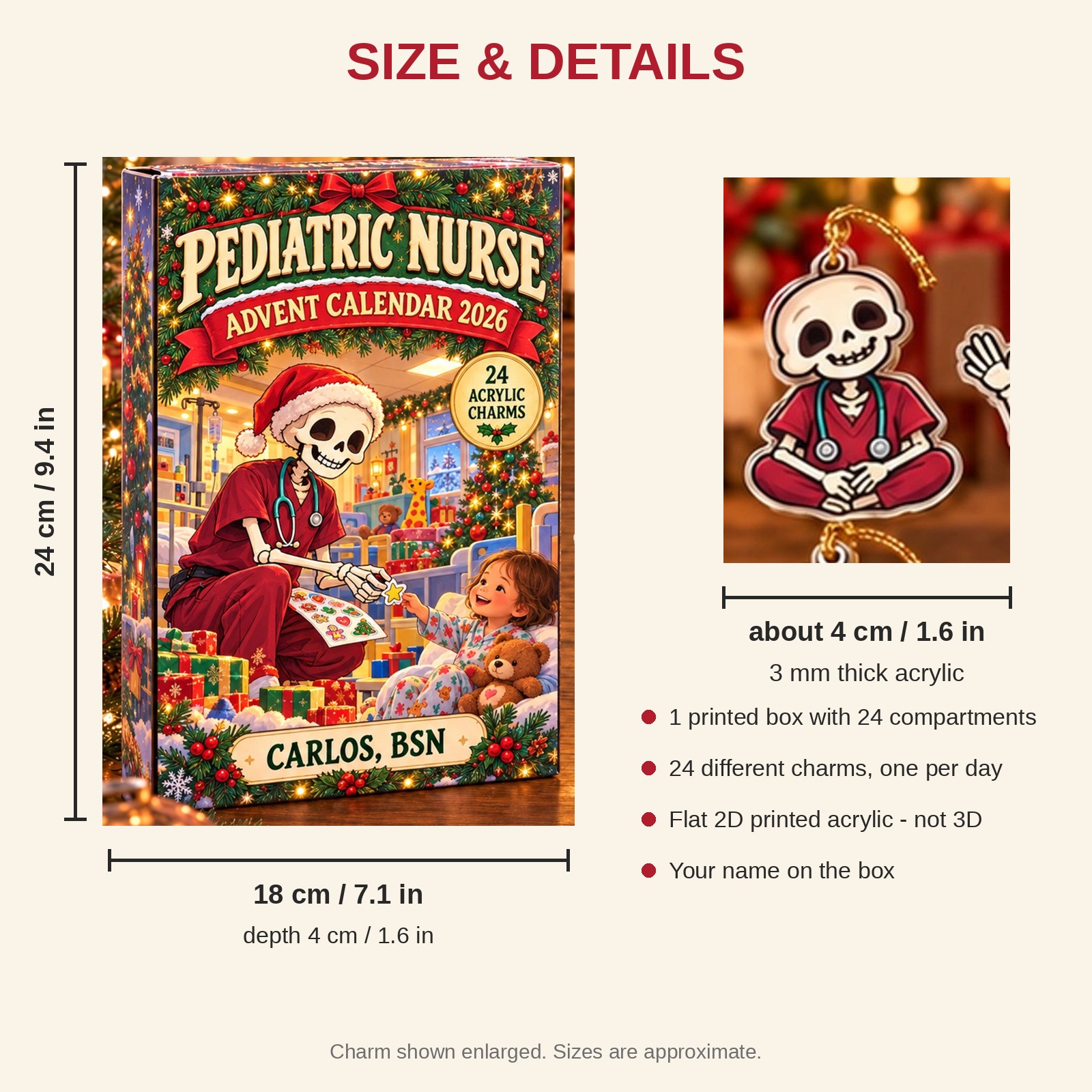 Personalized Skeleton Pediatric Nurse advent calendar box with 24 flat acrylic Christmas charms: box and charm sizes