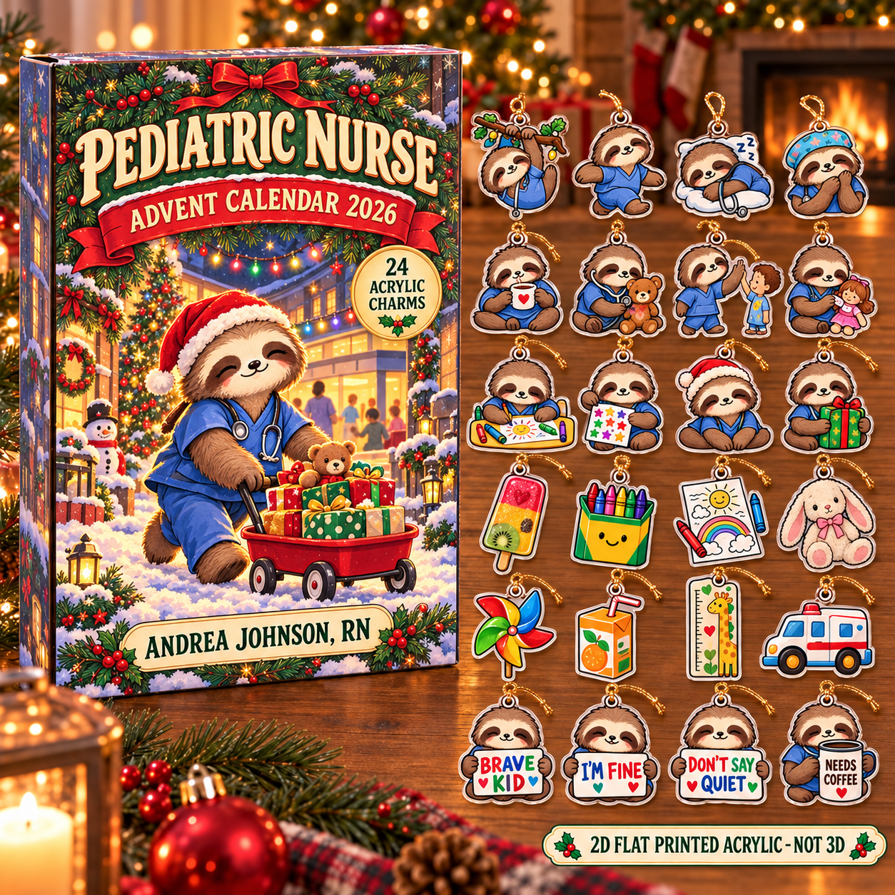Personalized Pediatric Nurse Sloth advent calendar box with 24 flat acrylic Christmas charms
