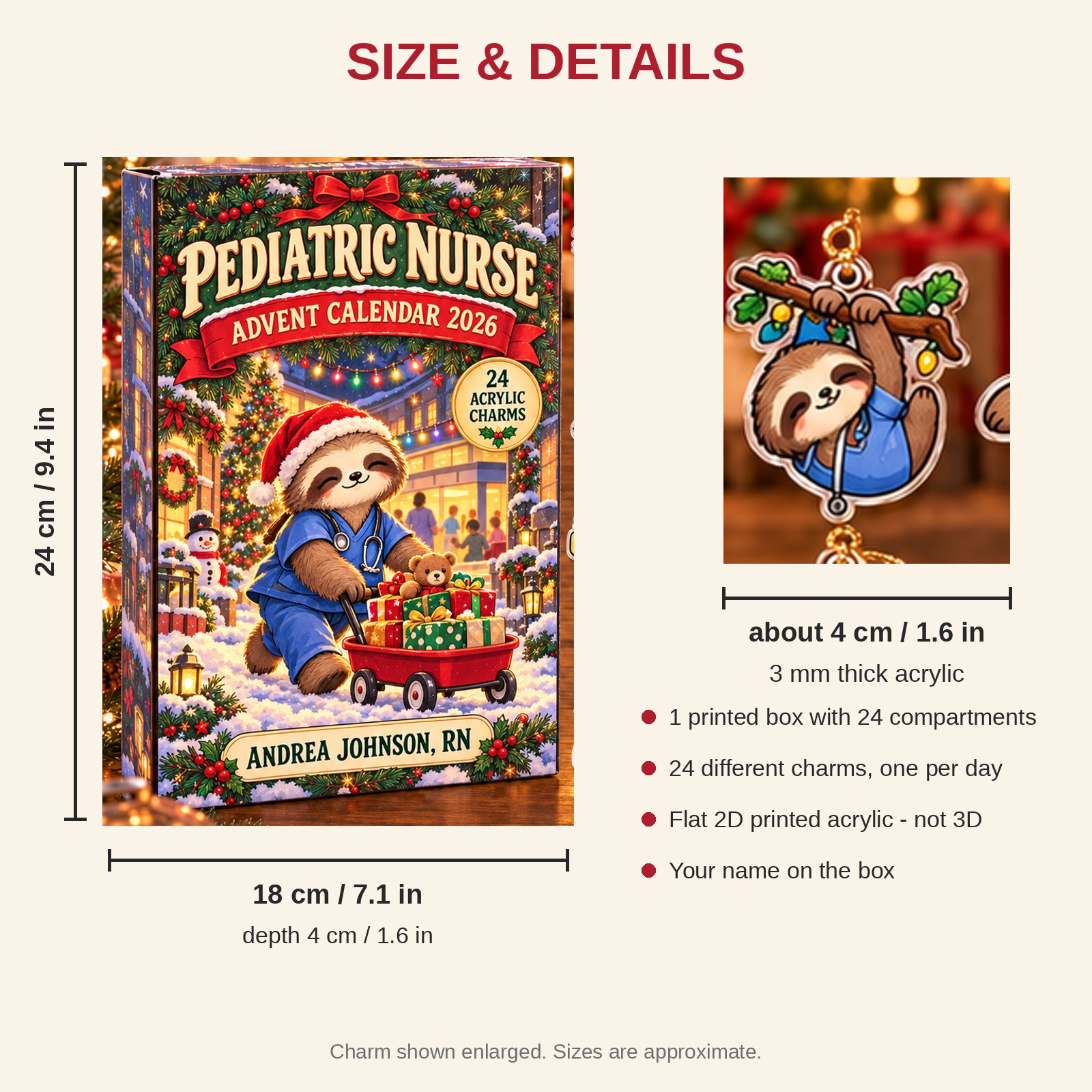 Personalized Pediatric Nurse Sloth advent calendar box with 24 flat acrylic Christmas charms: box and charm sizes