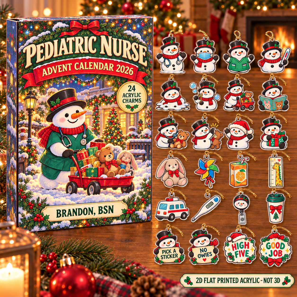 Personalized Snowman Pediatric Nurse advent calendar box with 24 flat acrylic Christmas charms