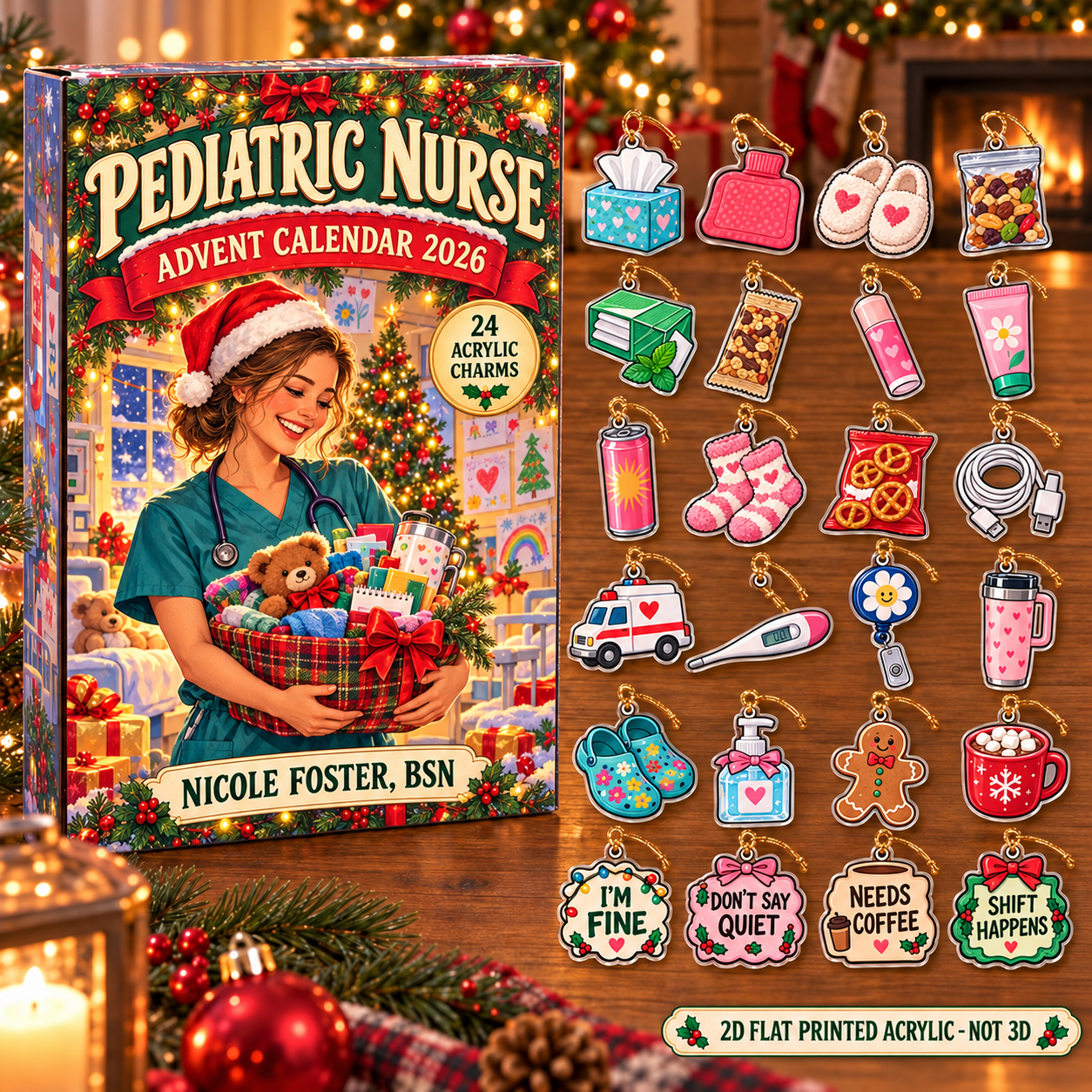 Personalized Pediatric Nurse Survival Kit advent calendar box with 24 flat acrylic Christmas charms