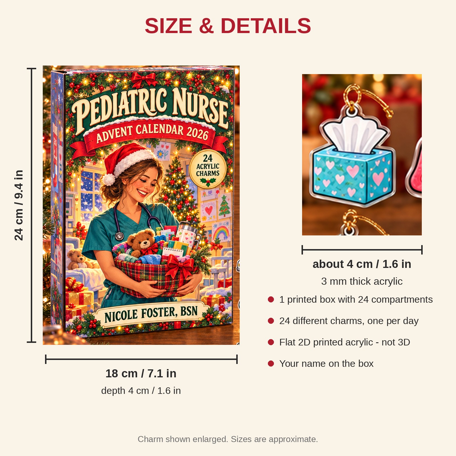 Personalized Pediatric Nurse Survival Kit advent calendar box with 24 flat acrylic Christmas charms: box and charm sizes