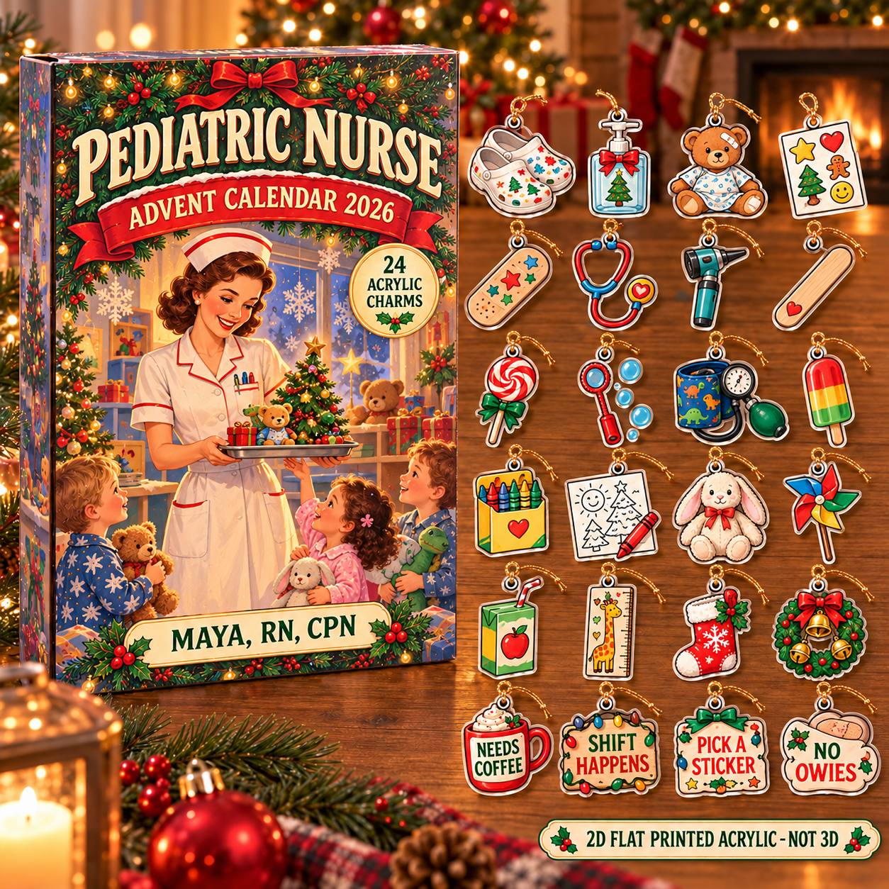 Personalized Retro Pediatric Nurse advent calendar box with 24 flat acrylic Christmas charms