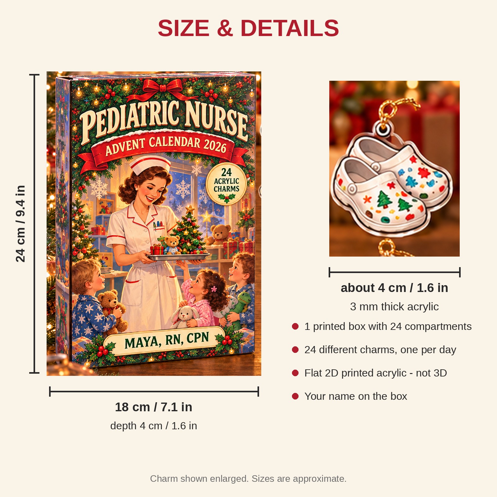 Personalized Retro Pediatric Nurse advent calendar box with 24 flat acrylic Christmas charms: box and charm sizes