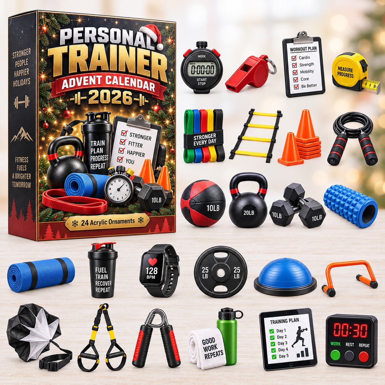Personal Trainer advent calendar box with 24 acrylic Christmas charms