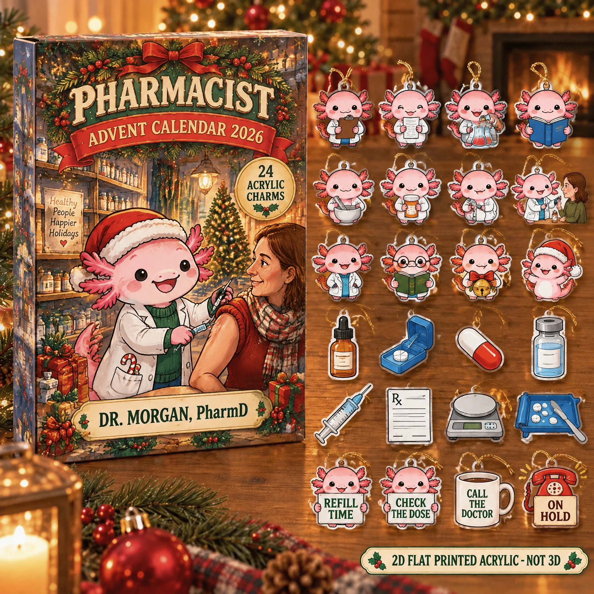 Personalized Pharmacist Axolotl advent calendar box with 24 flat acrylic Christmas charms