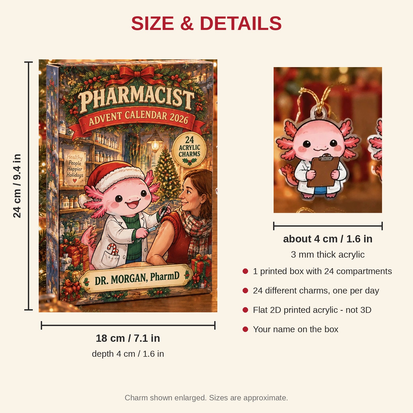Personalized Pharmacist Axolotl advent calendar box with 24 flat acrylic Christmas charms: box and charm sizes