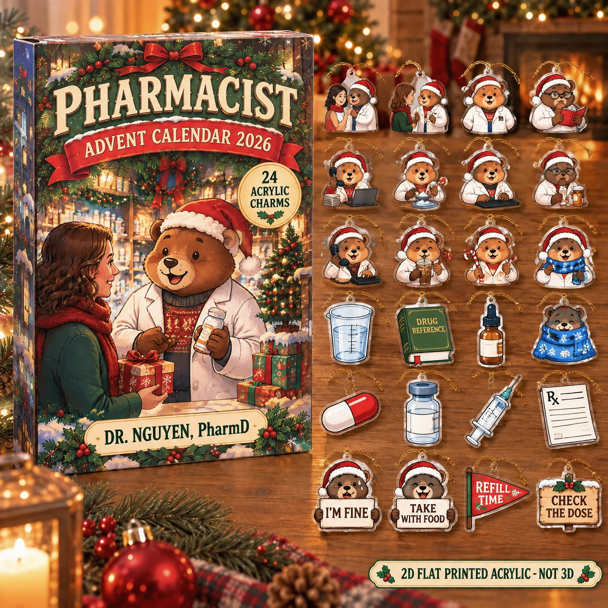 Personalized Pharmacist Bear advent calendar box with 24 flat acrylic Christmas charms