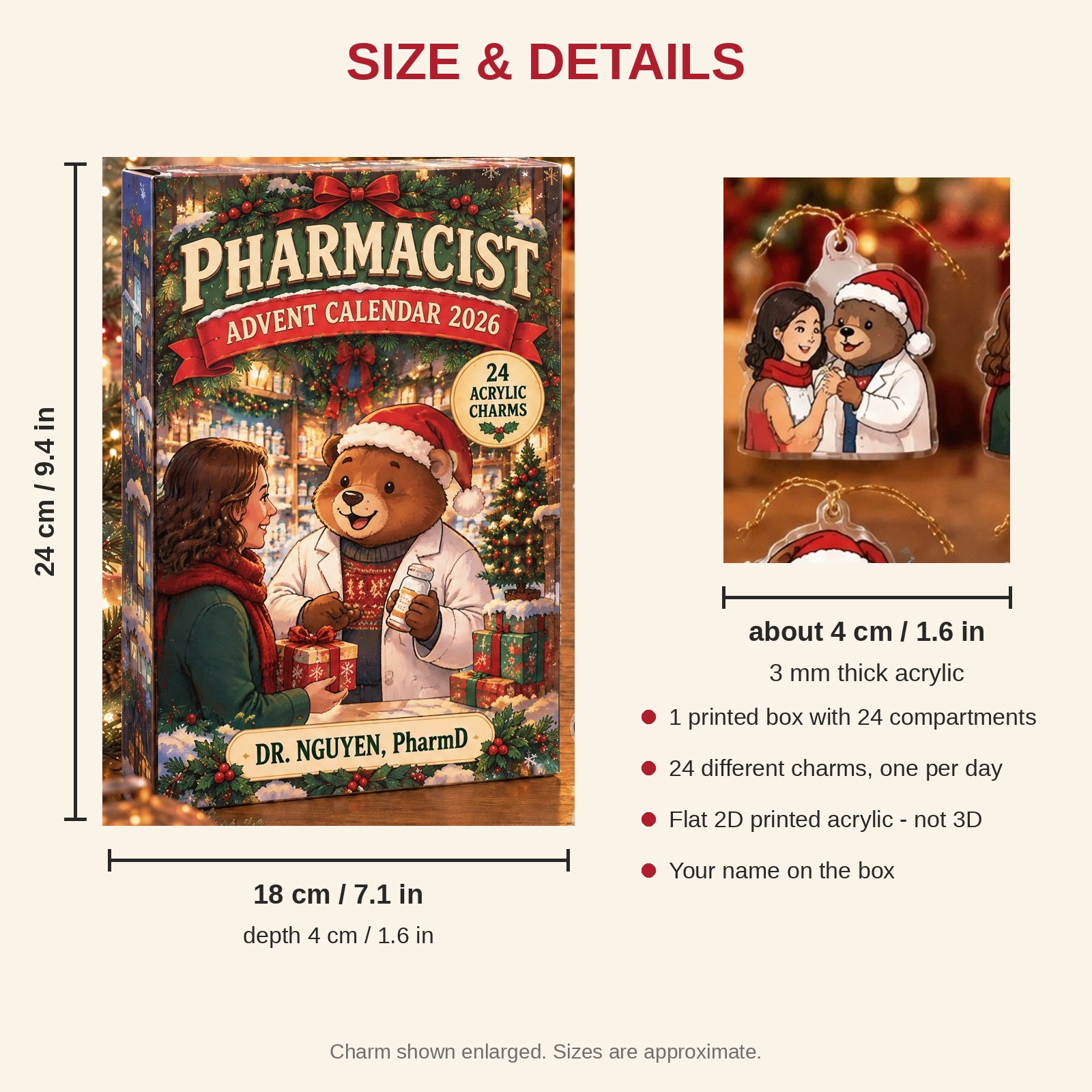 Personalized Pharmacist Bear advent calendar box with 24 flat acrylic Christmas charms: box and charm sizes